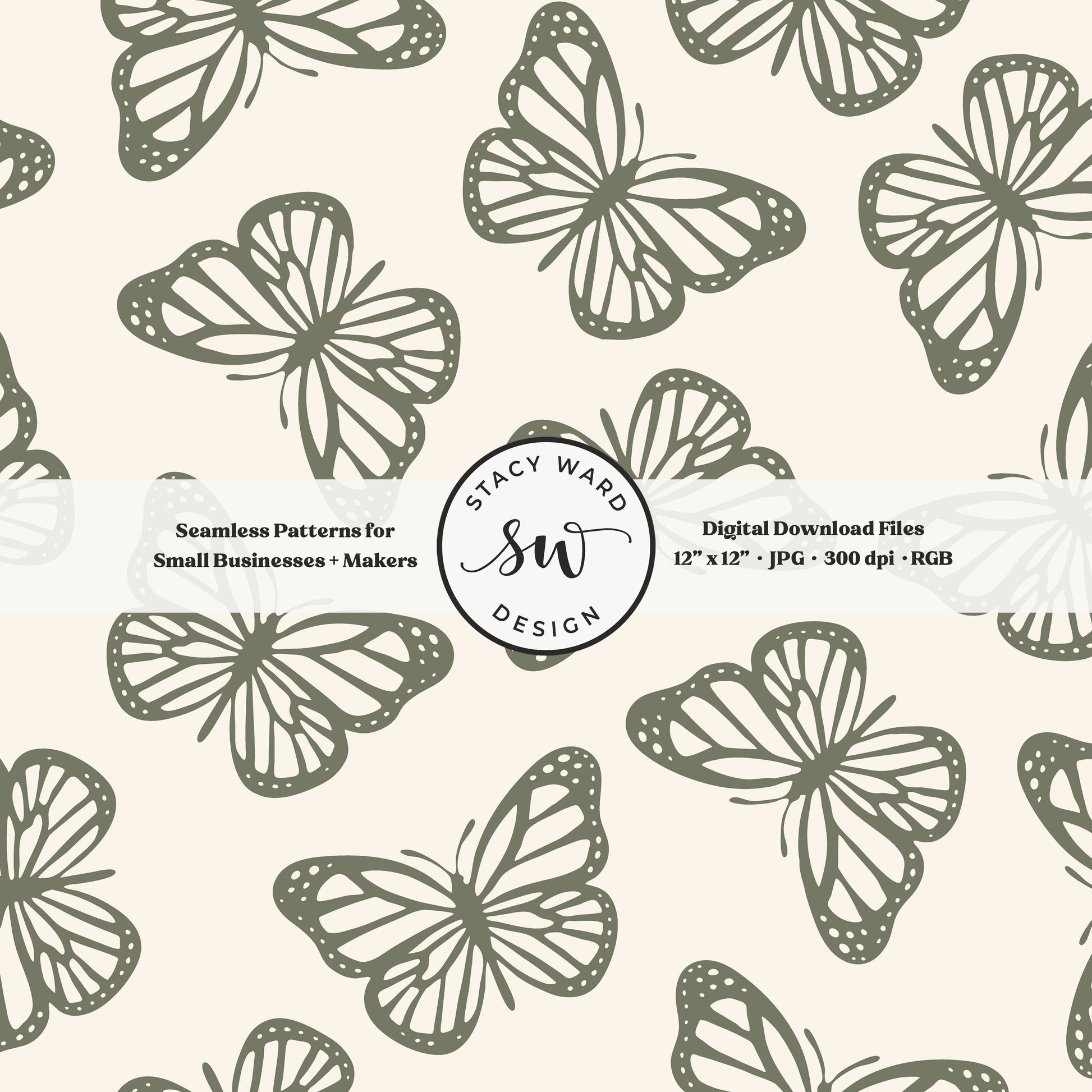 Simple butterfly seamless pattern in earth tone camouflage green on cream timeless minimalist butterflies