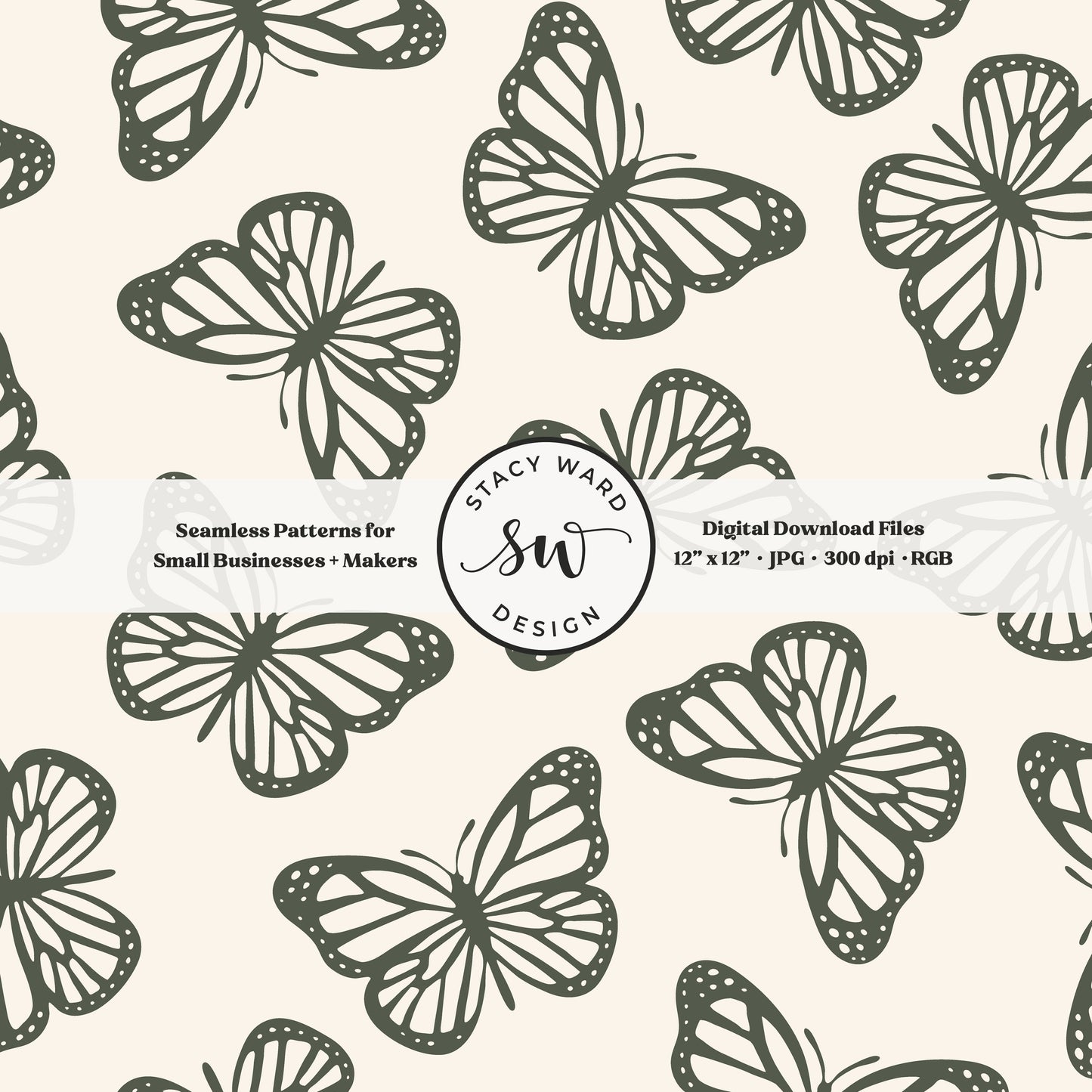 Simple butterfly seamless pattern in masculine dark green on cream classic minimalist butterflies