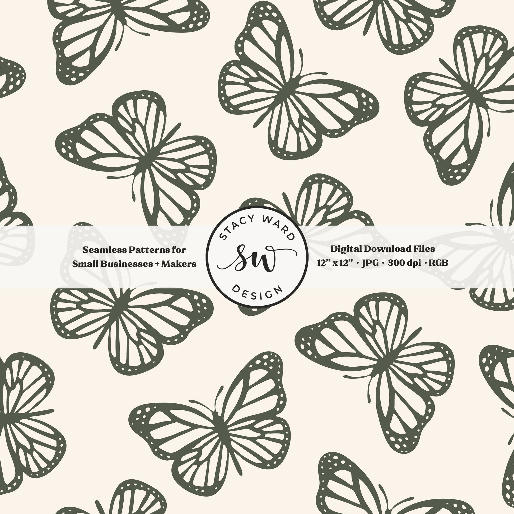 Simple butterfly seamless pattern in masculine dark green on cream classic minimalist butterflies