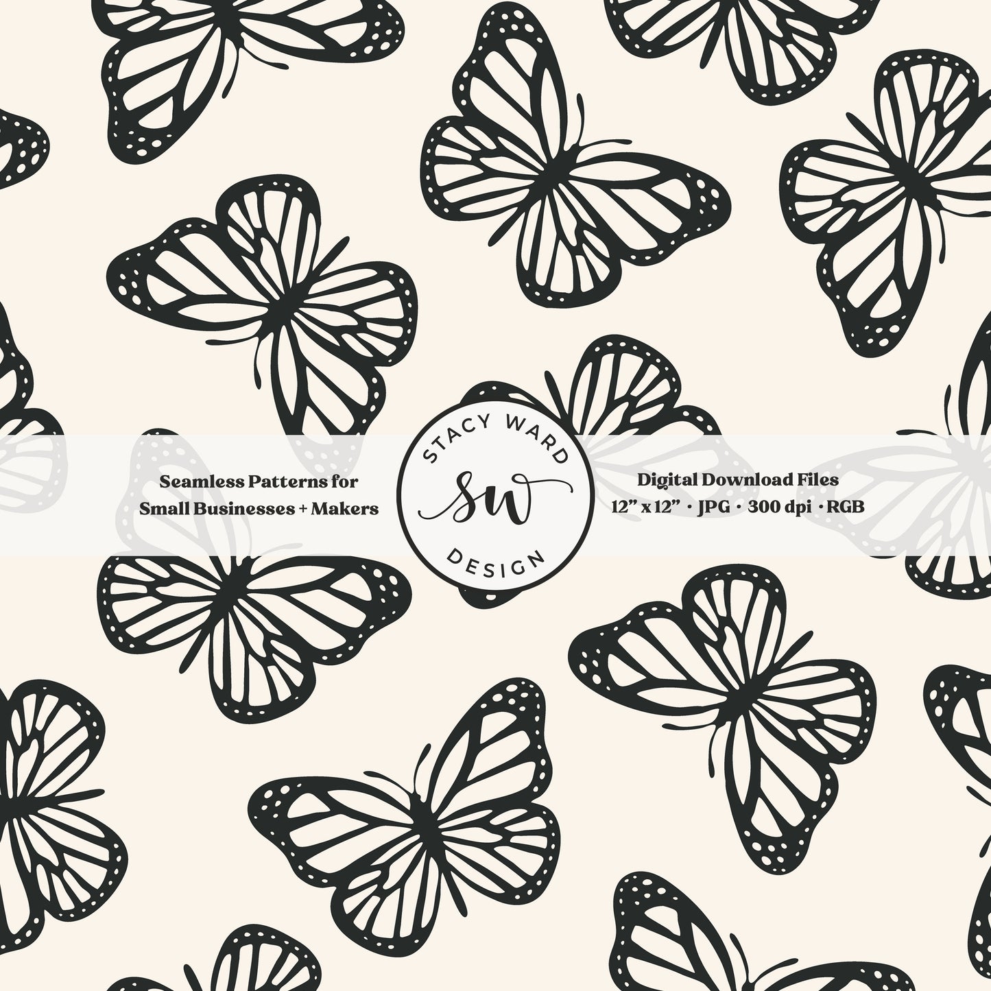 Simple butterfly seamless pattern in bold dark graphite on cream timeless minimalist butterflies