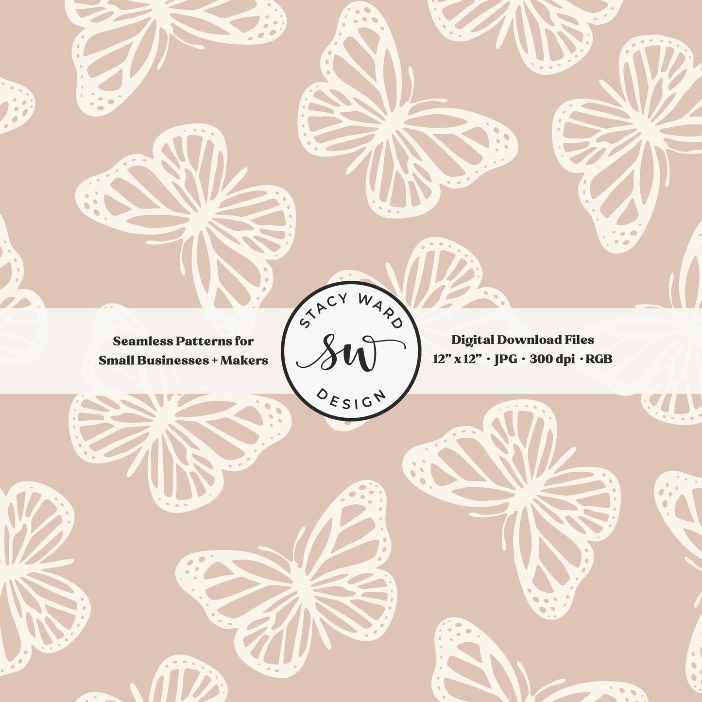 Minimal butterflies seamless pattern in cream on soft muted dusty rose boho simple butterfly