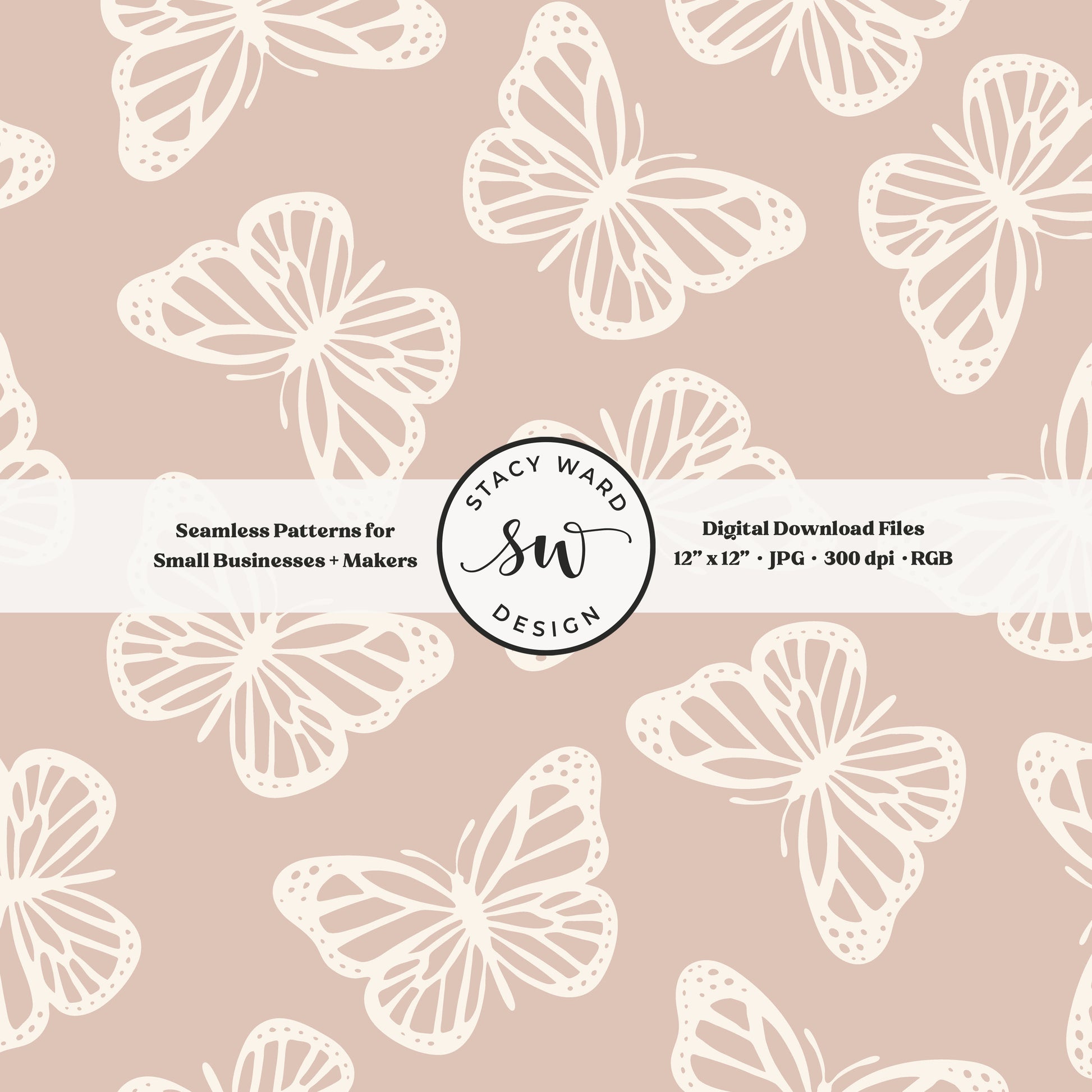 Minimal butterflies seamless pattern in cream on soft muted dusty rose boho simple butterfly
