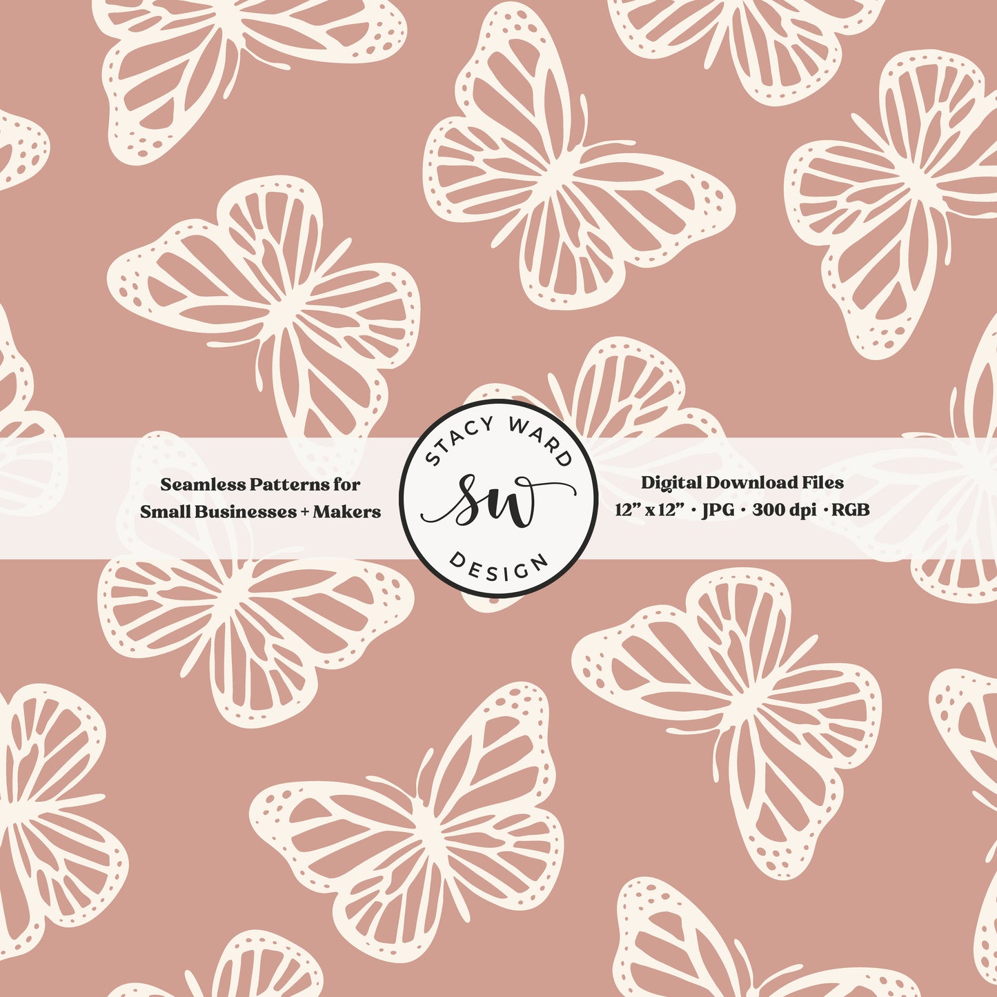 Minimal butterflies seamless pattern in cream on muted dusky pink sweet simple butterfly