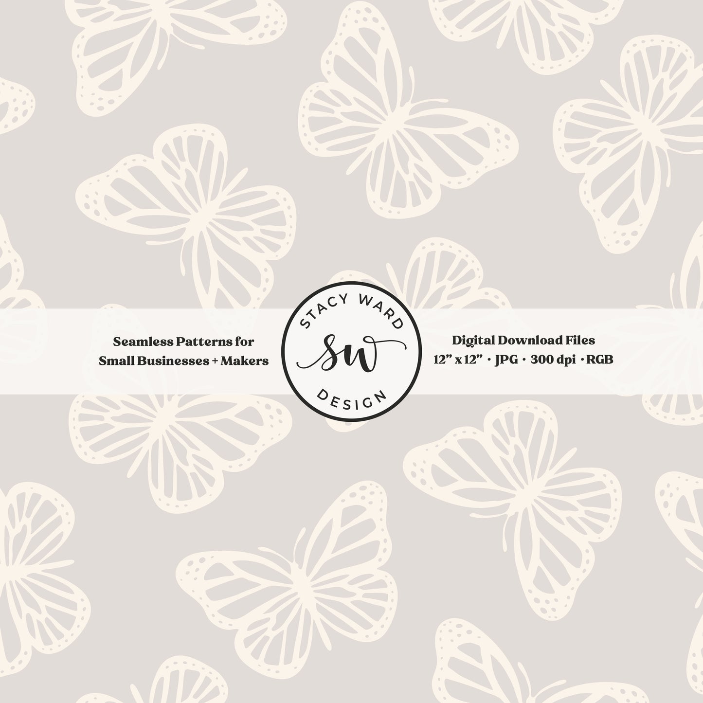 Minimal butterflies seamless pattern in cream on soft pale greige whimsical simple butterfly