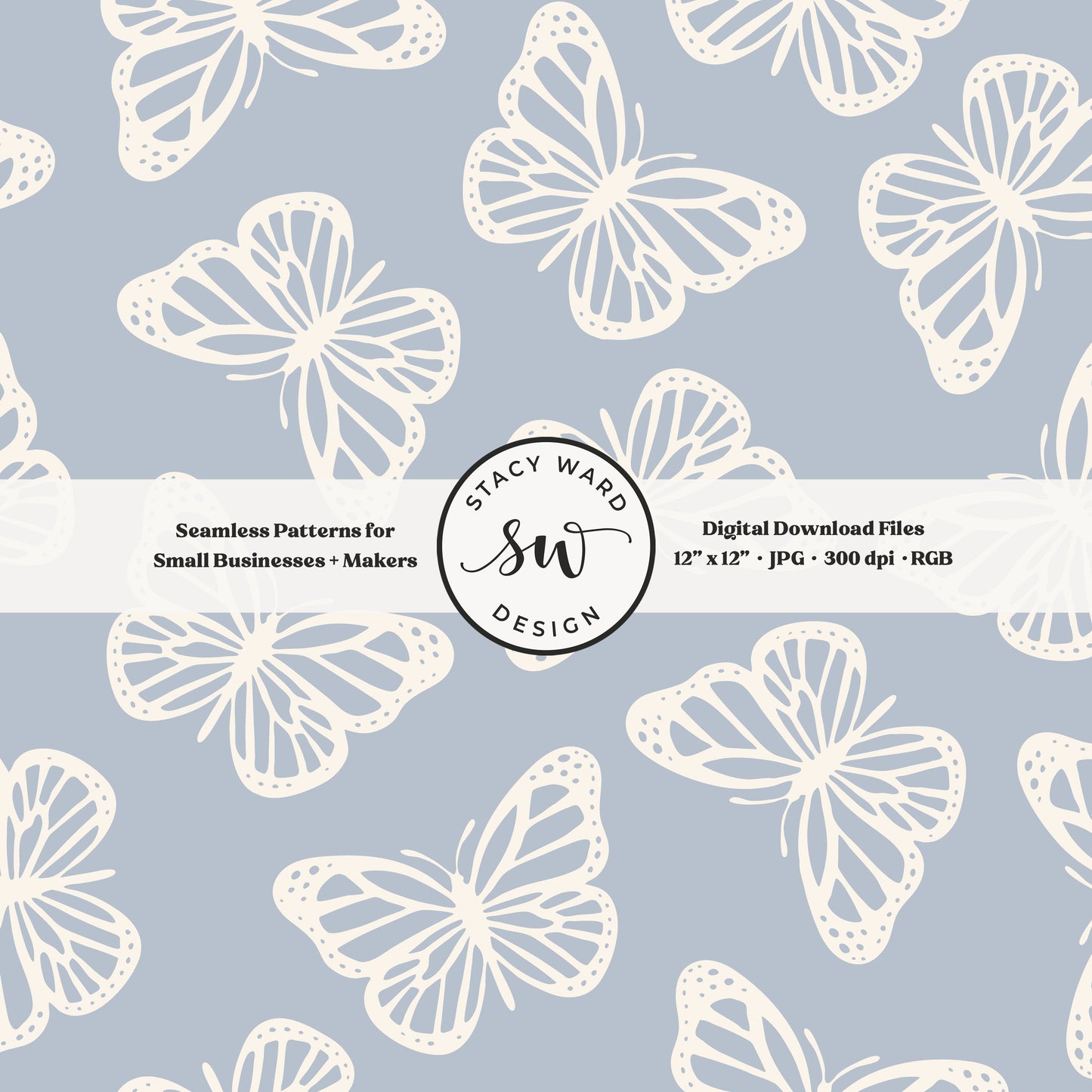 Minimal butterflies seamless pattern in cream on preppy coastal blue boho simple butterfly