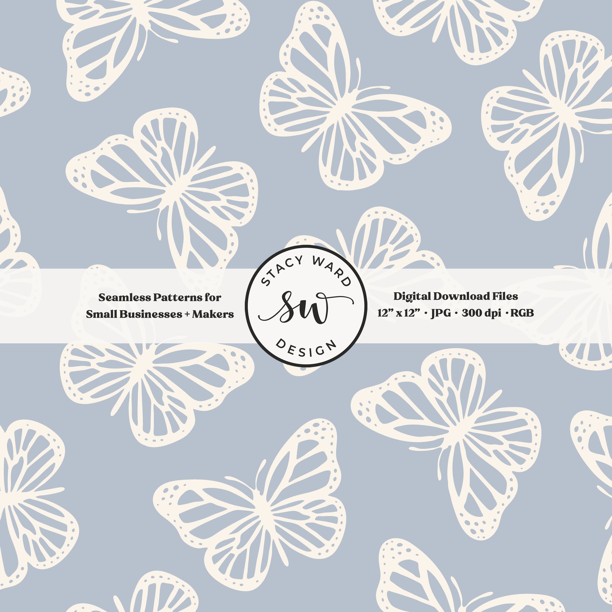 Minimal butterflies seamless pattern in cream on preppy coastal blue boho simple butterfly