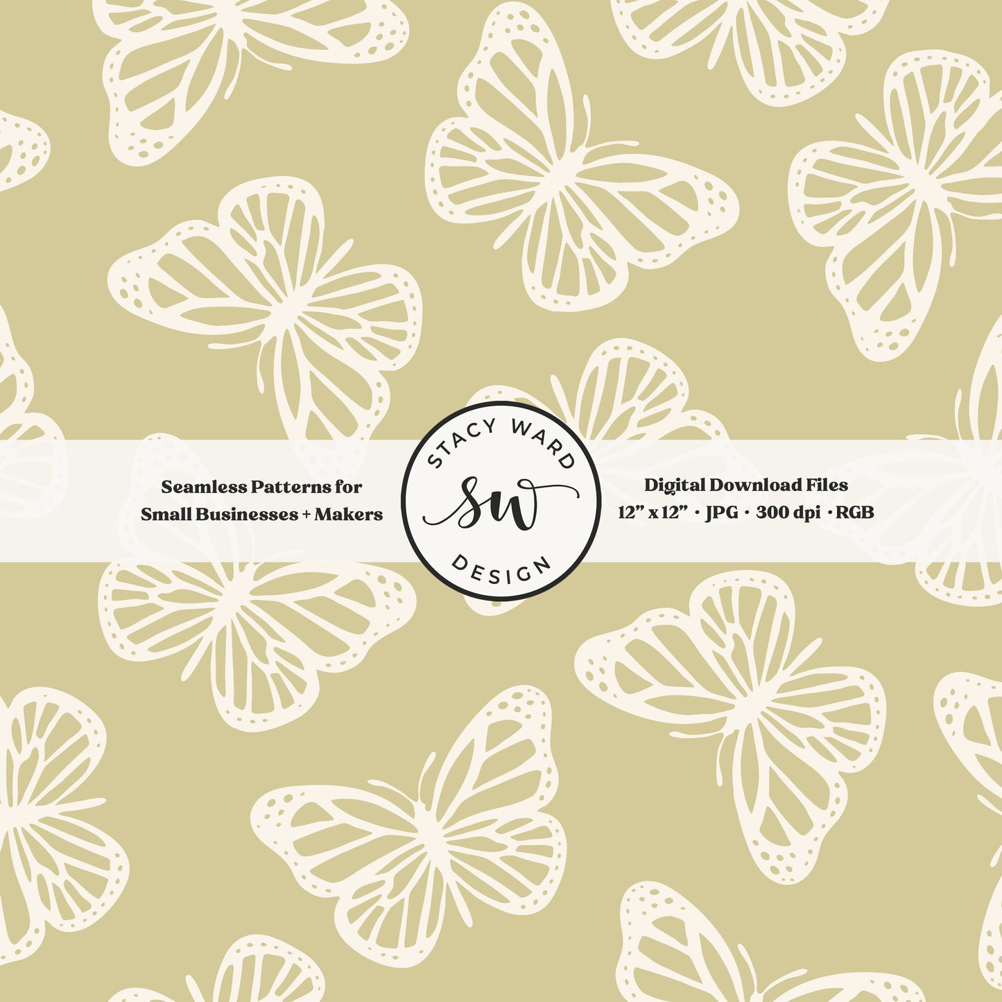 Minimal butterflies seamless pattern in cream on earth tone yellowish green sweet simple butterfly
