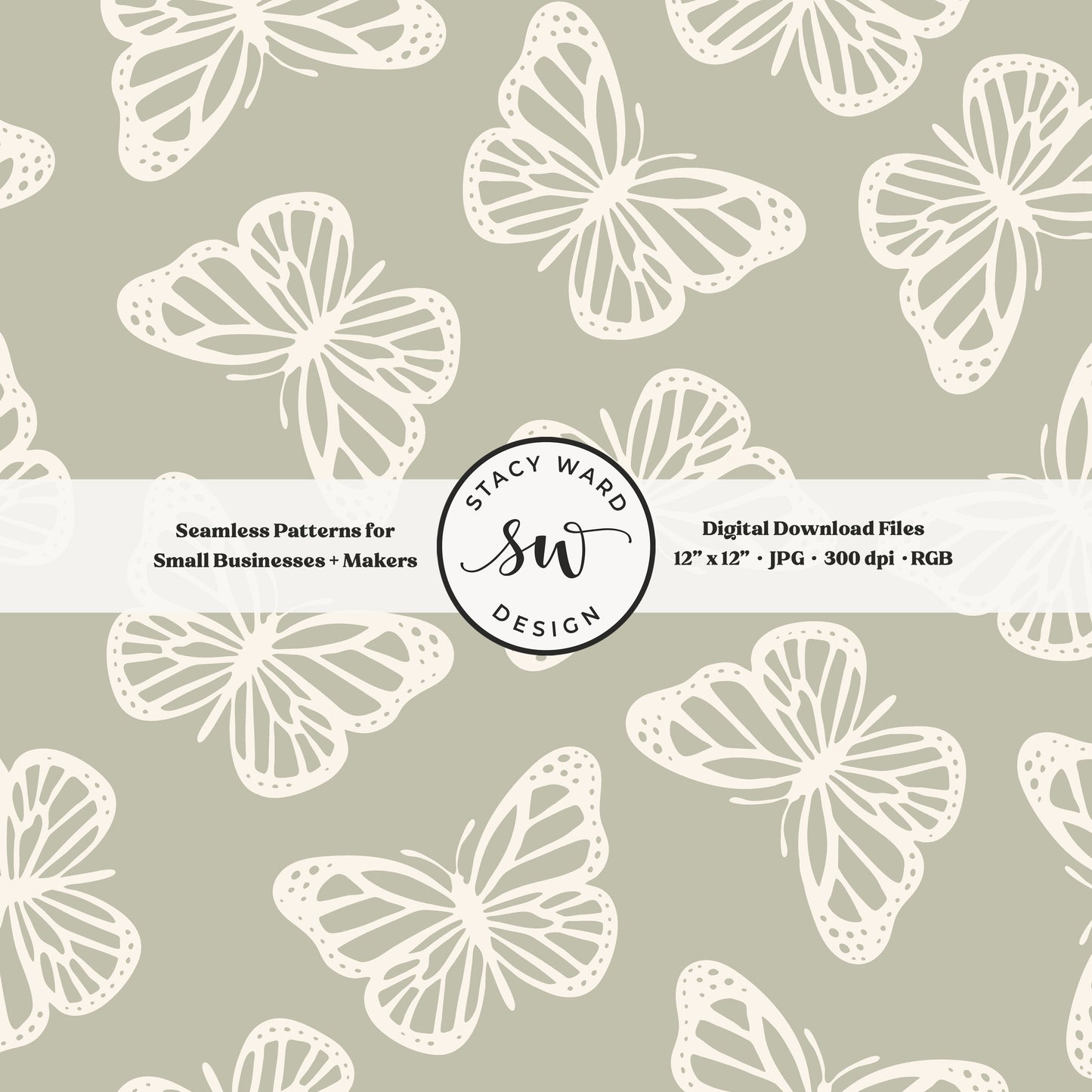 Minimal butterflies seamless pattern in cream on soft dusty sage timeless simple butterfly