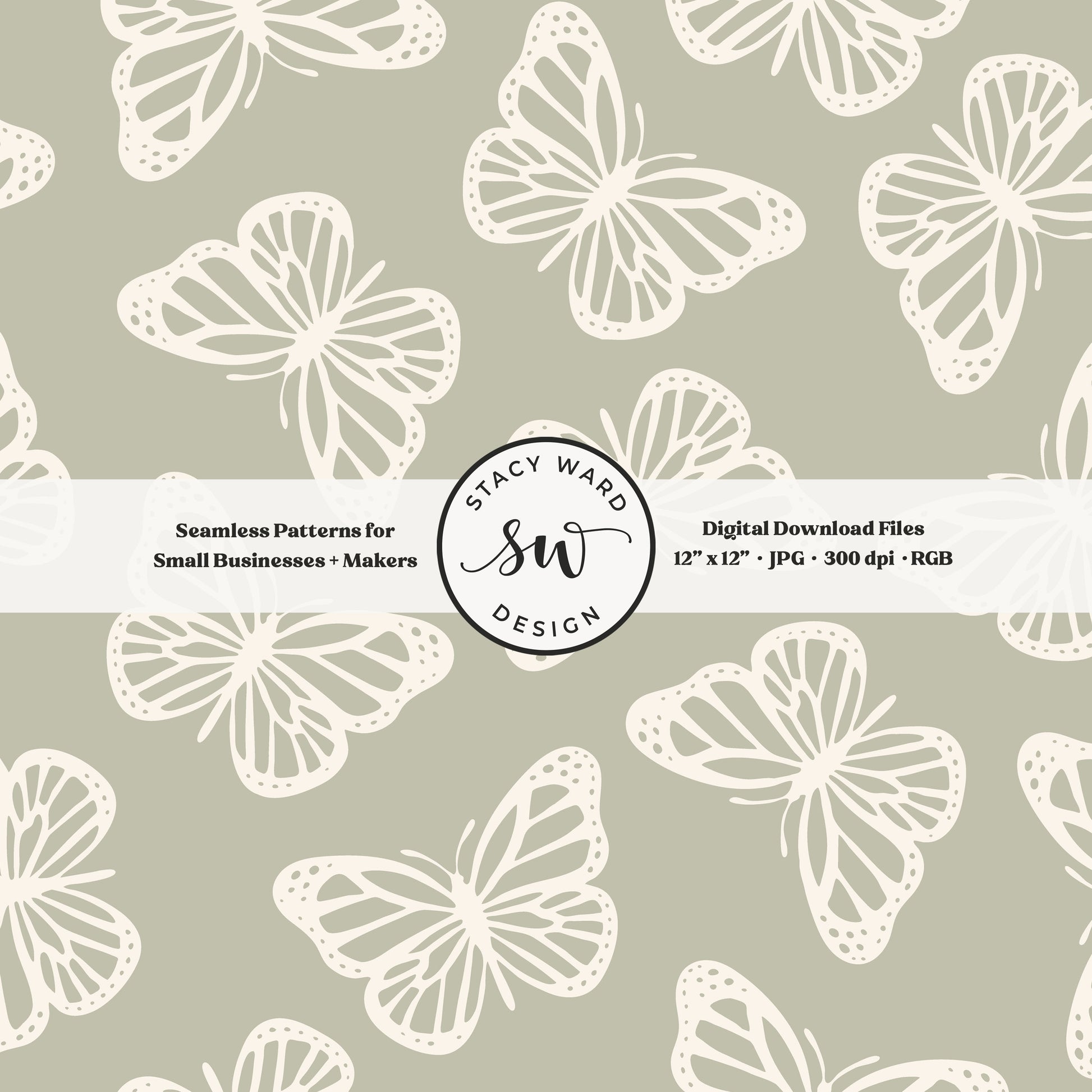 Minimal butterflies seamless pattern in cream on soft dusty sage timeless simple butterfly