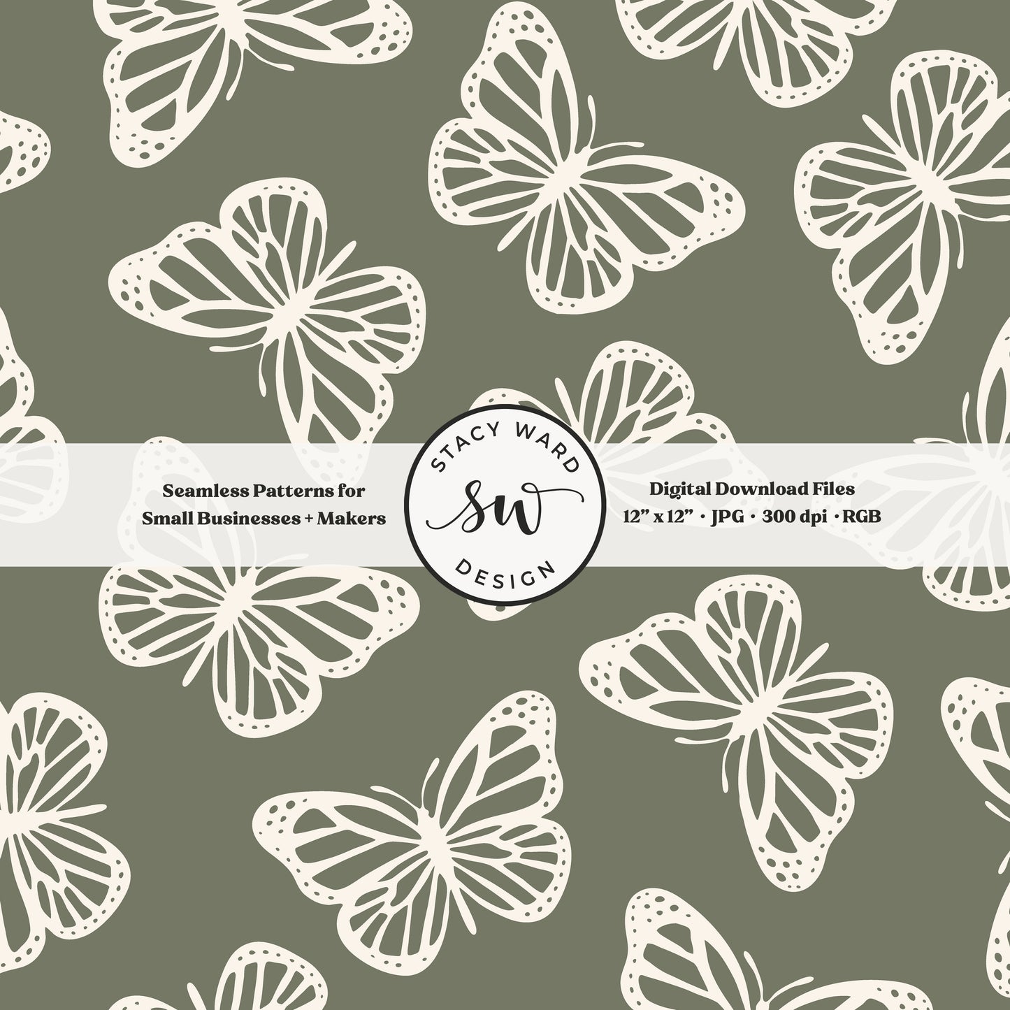 Minimal butterflies seamless pattern in cream on earth tone camouflage green classic simple butterfly