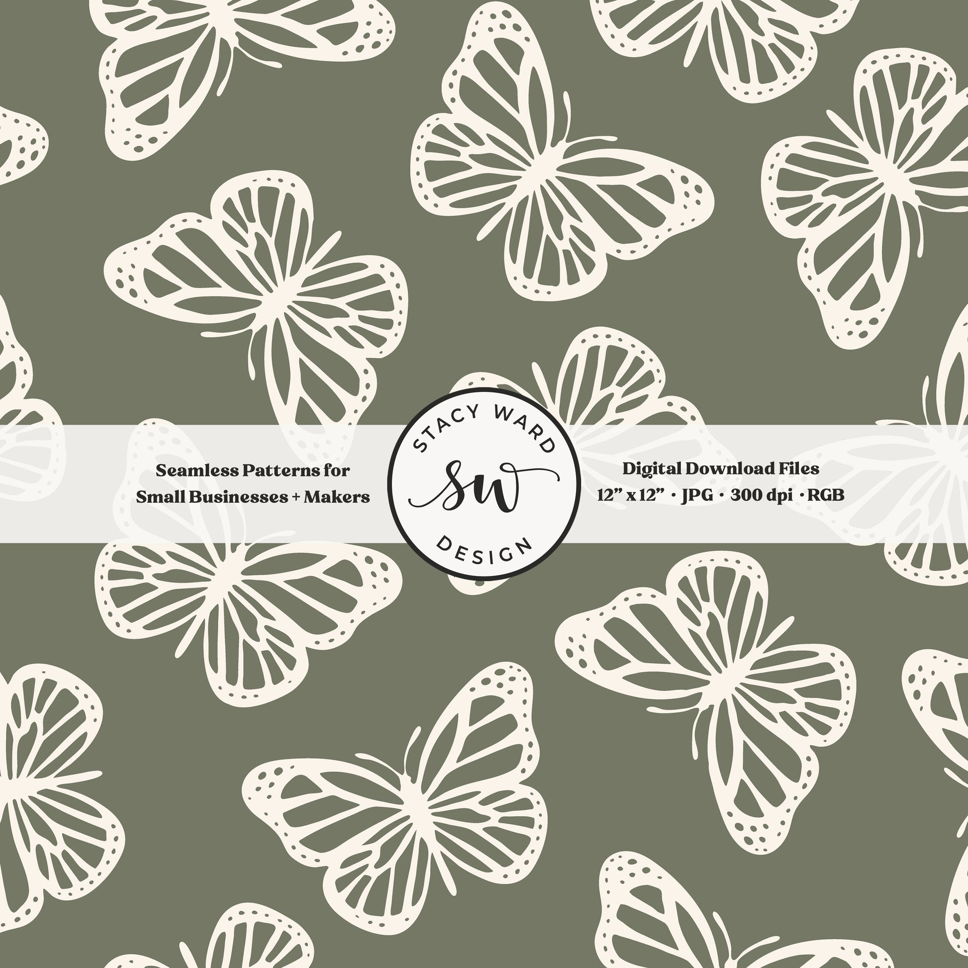 Minimal butterflies seamless pattern in cream on earth tone camouflage green classic simple butterfly