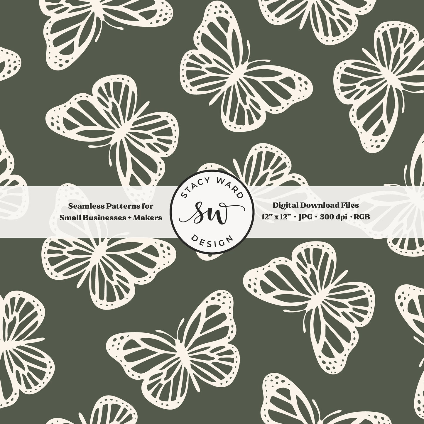 Minimal butterflies seamless pattern in cream on masculine dark green whimsical simple butterfly