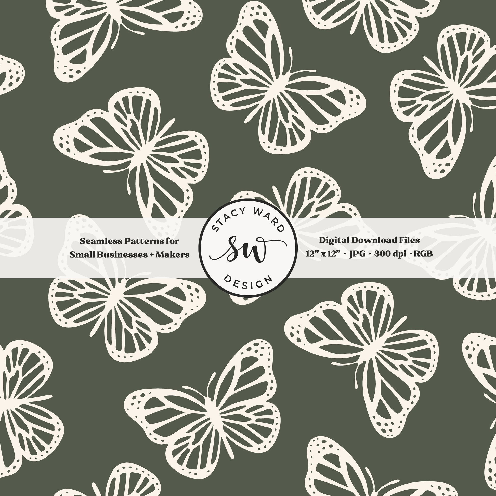 Minimal butterflies seamless pattern in cream on masculine dark green whimsical simple butterfly