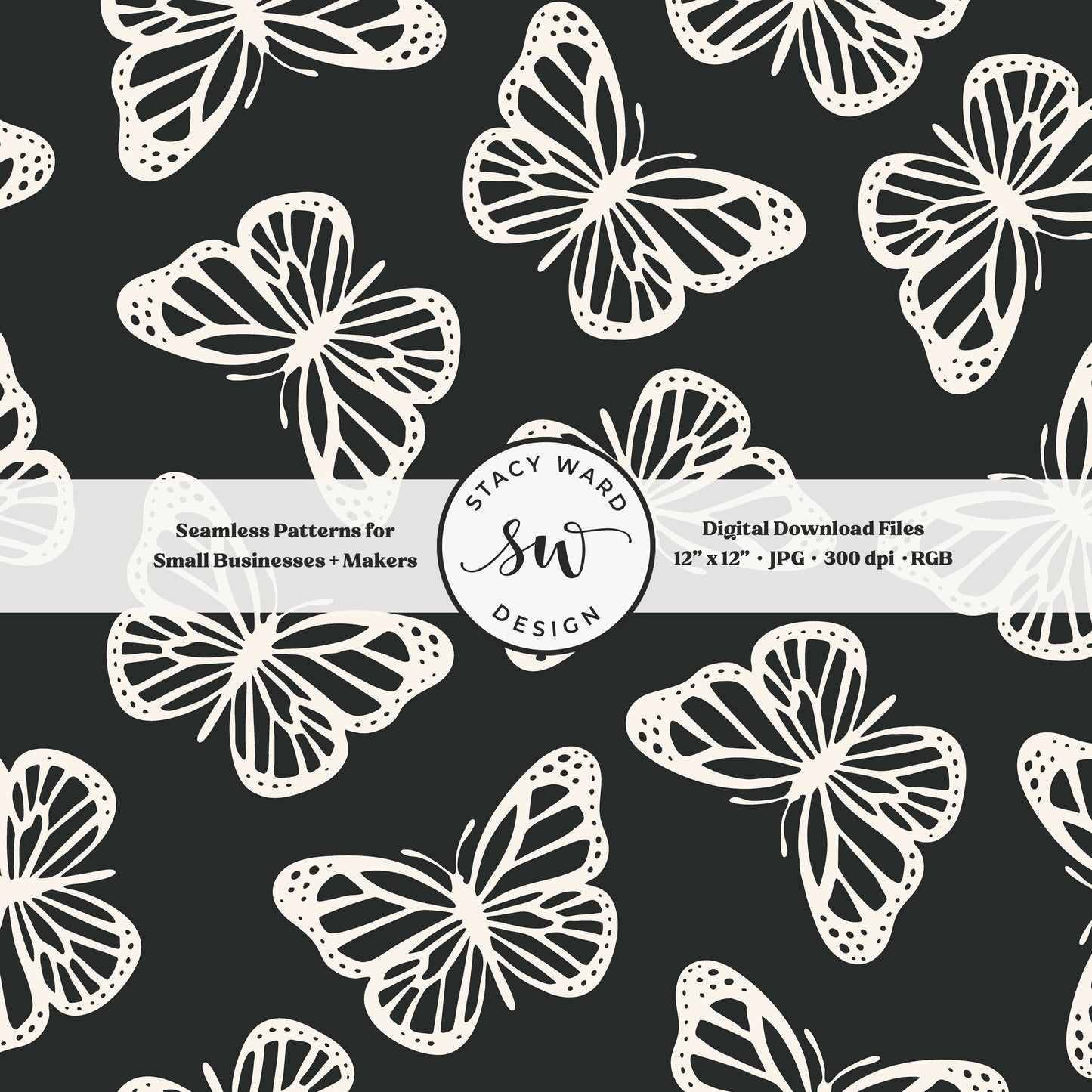 Minimal butterflies seamless pattern in cream on bold dark graphite classic simple butterfly