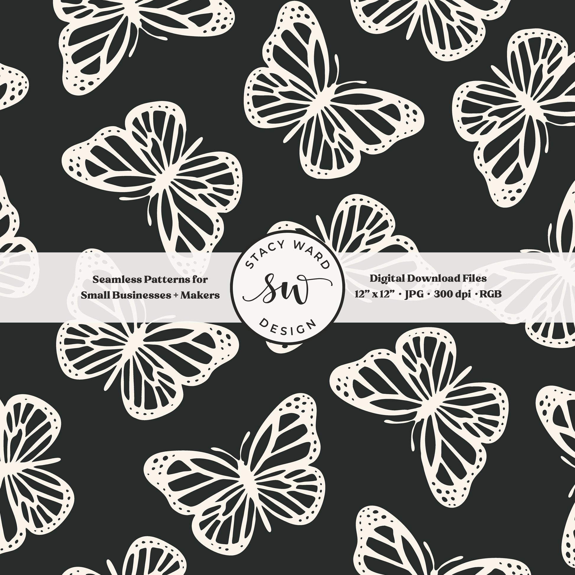 Minimal butterflies seamless pattern in cream on bold dark graphite classic simple butterfly