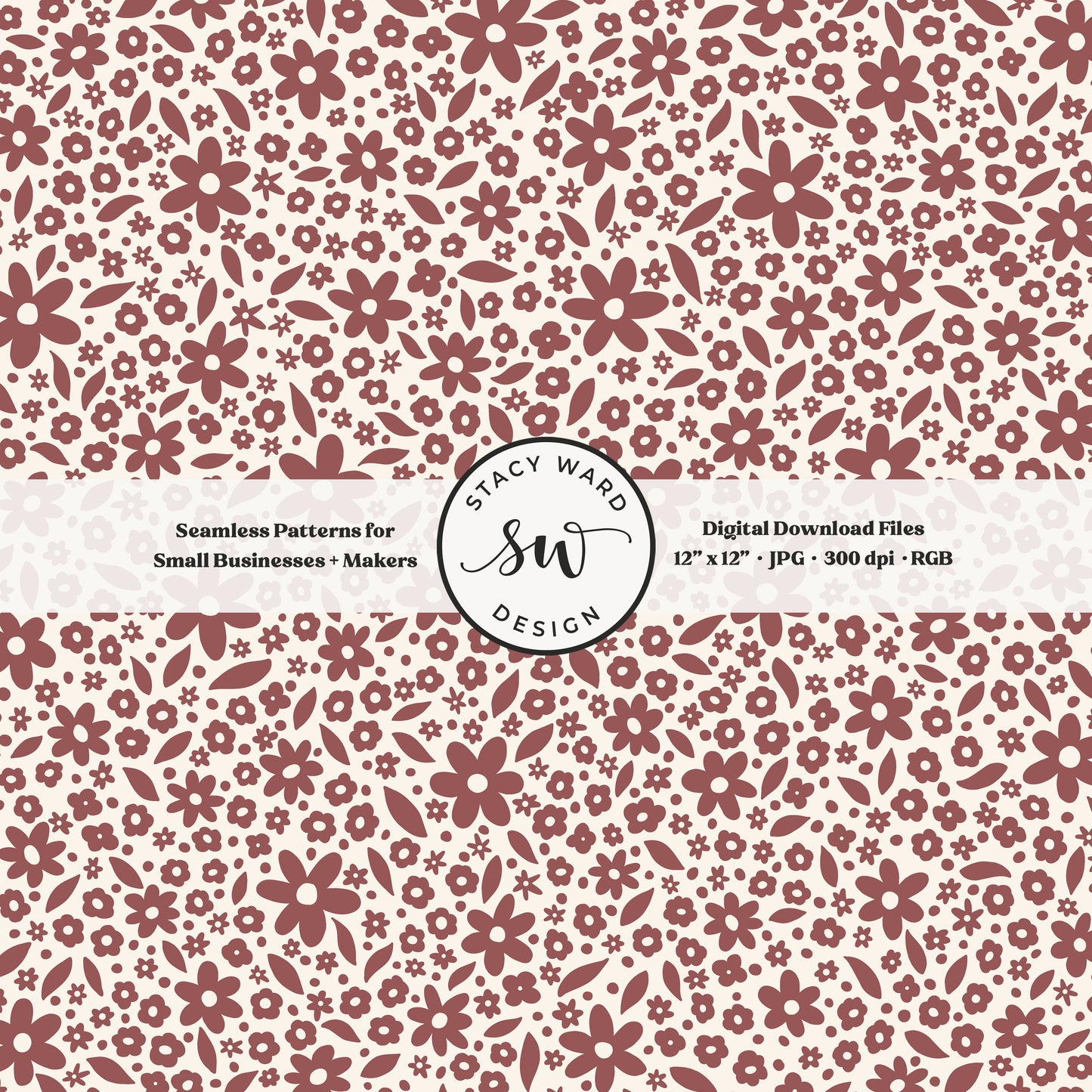 Hand drawn ditsy floral seamless pattern in bold burgundy wine on cream nostalgic cottagecore small dainty flowers