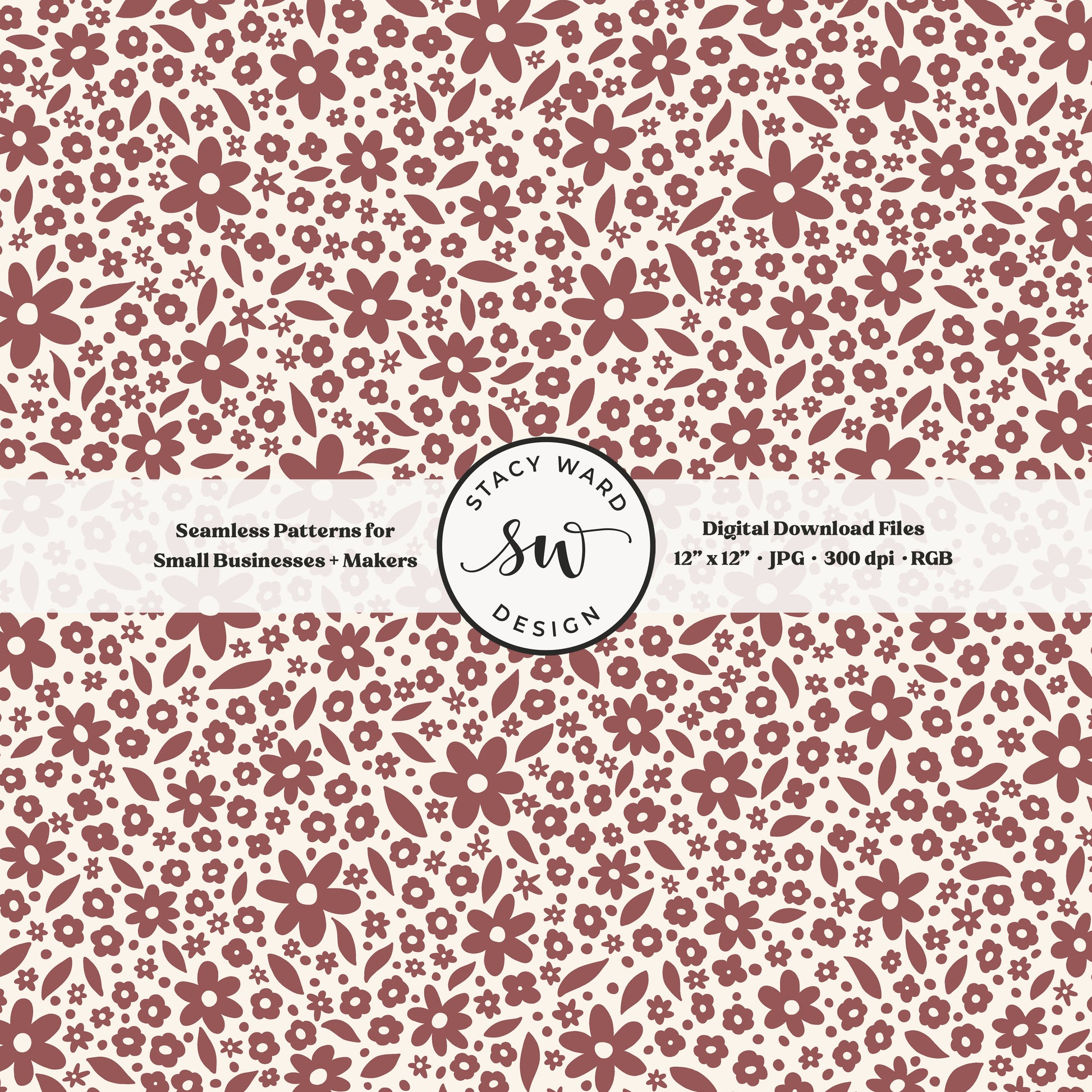 Hand drawn ditsy floral seamless pattern in bold burgundy wine on cream nostalgic cottagecore small dainty flowers