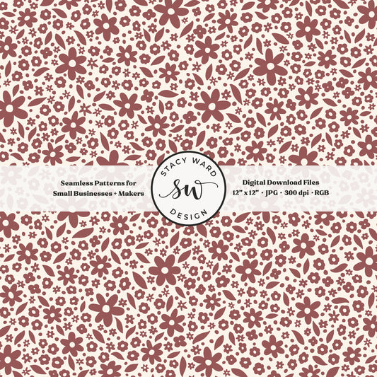 Hand drawn ditsy floral seamless pattern in bold burgundy wine on cream nostalgic cottagecore small dainty flowers