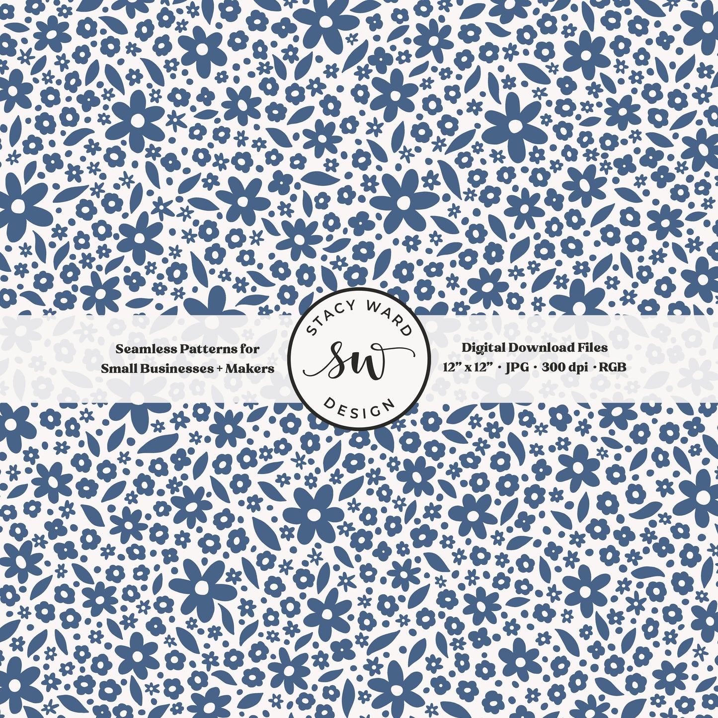 Hand drawn ditsy floral seamless pattern in retro federal blue on off white whimsical cottagecore small dainty flowers