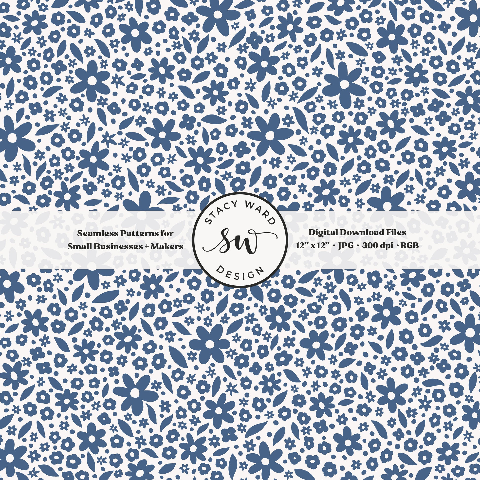 Hand drawn ditsy floral seamless pattern in retro federal blue on off white whimsical cottagecore small dainty flowers
