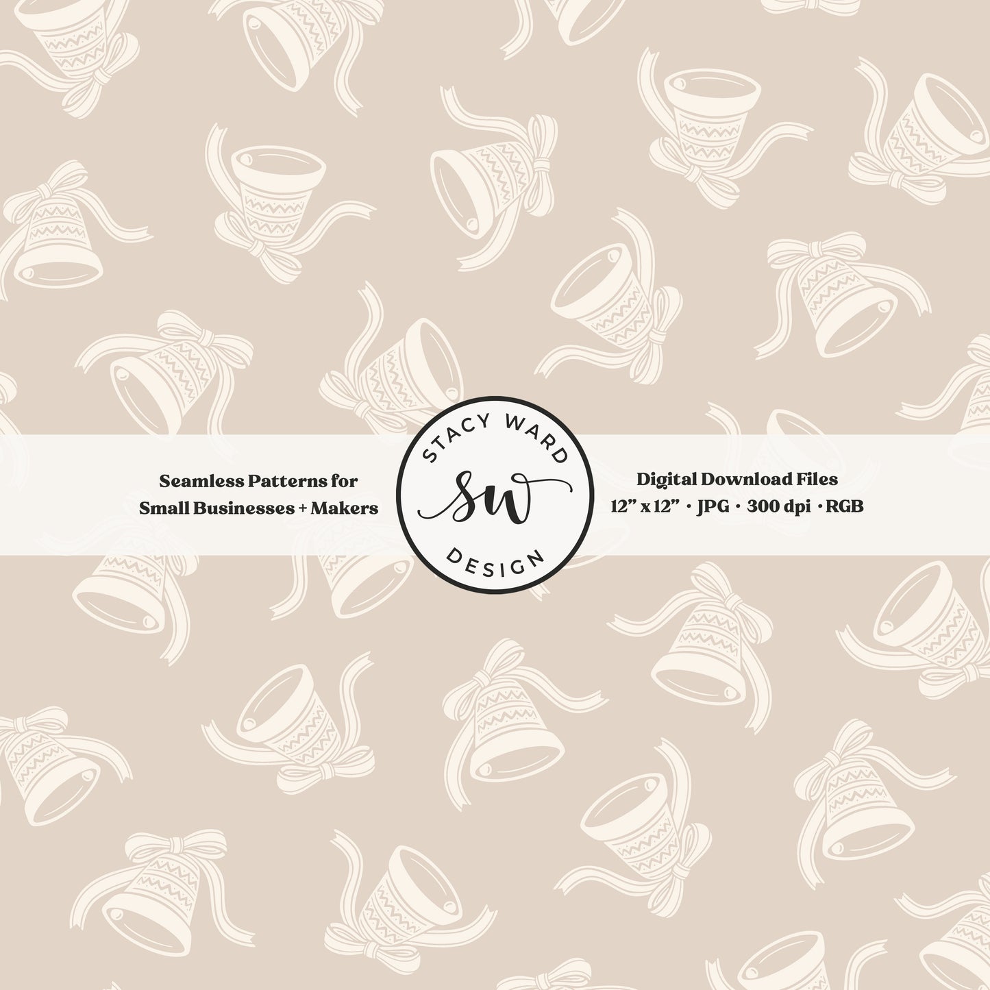 Scandi inspired jingle bells seamless pattern in cream on soft brown with coquette bows and ribbons