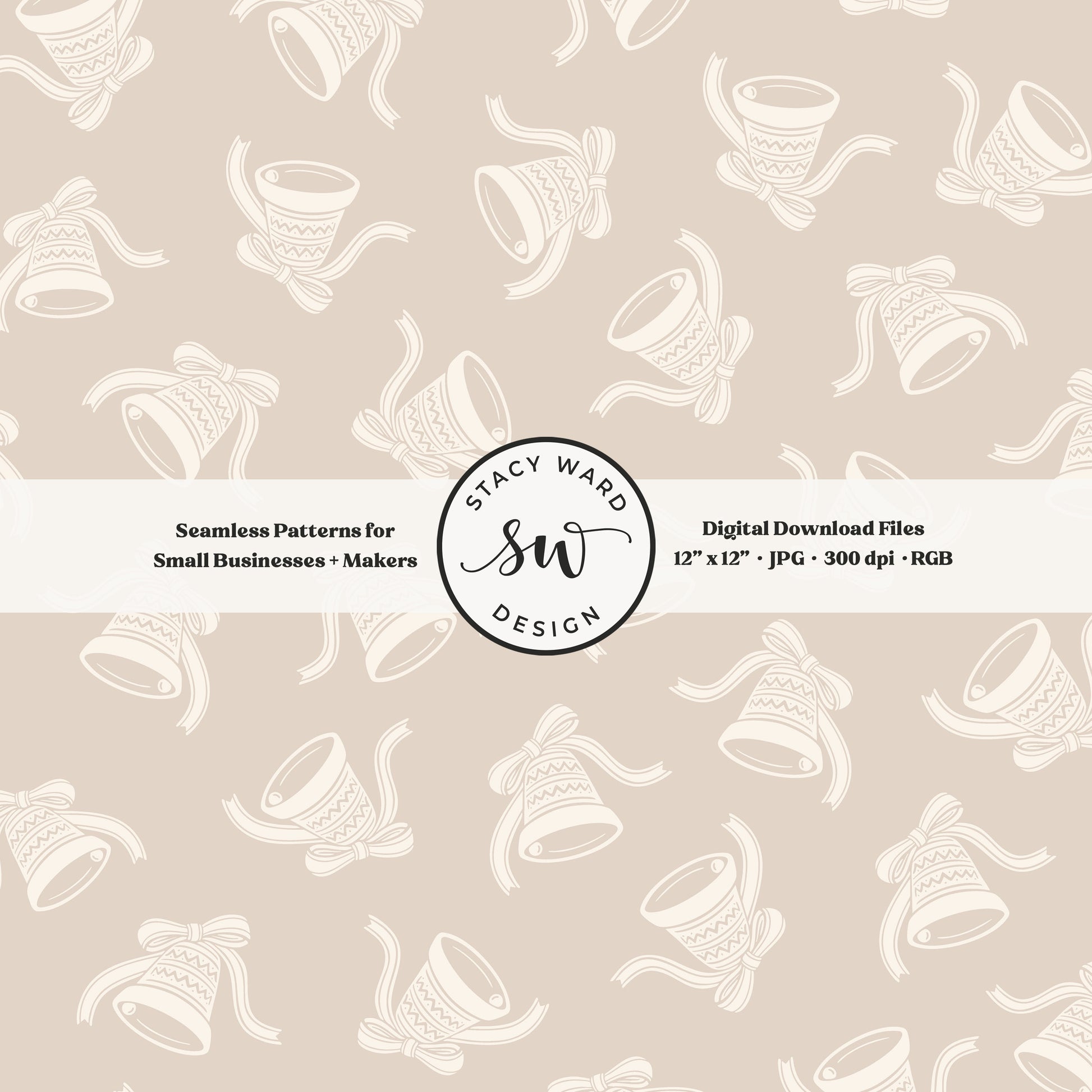 Scandi inspired jingle bells seamless pattern in cream on soft brown with coquette bows and ribbons
