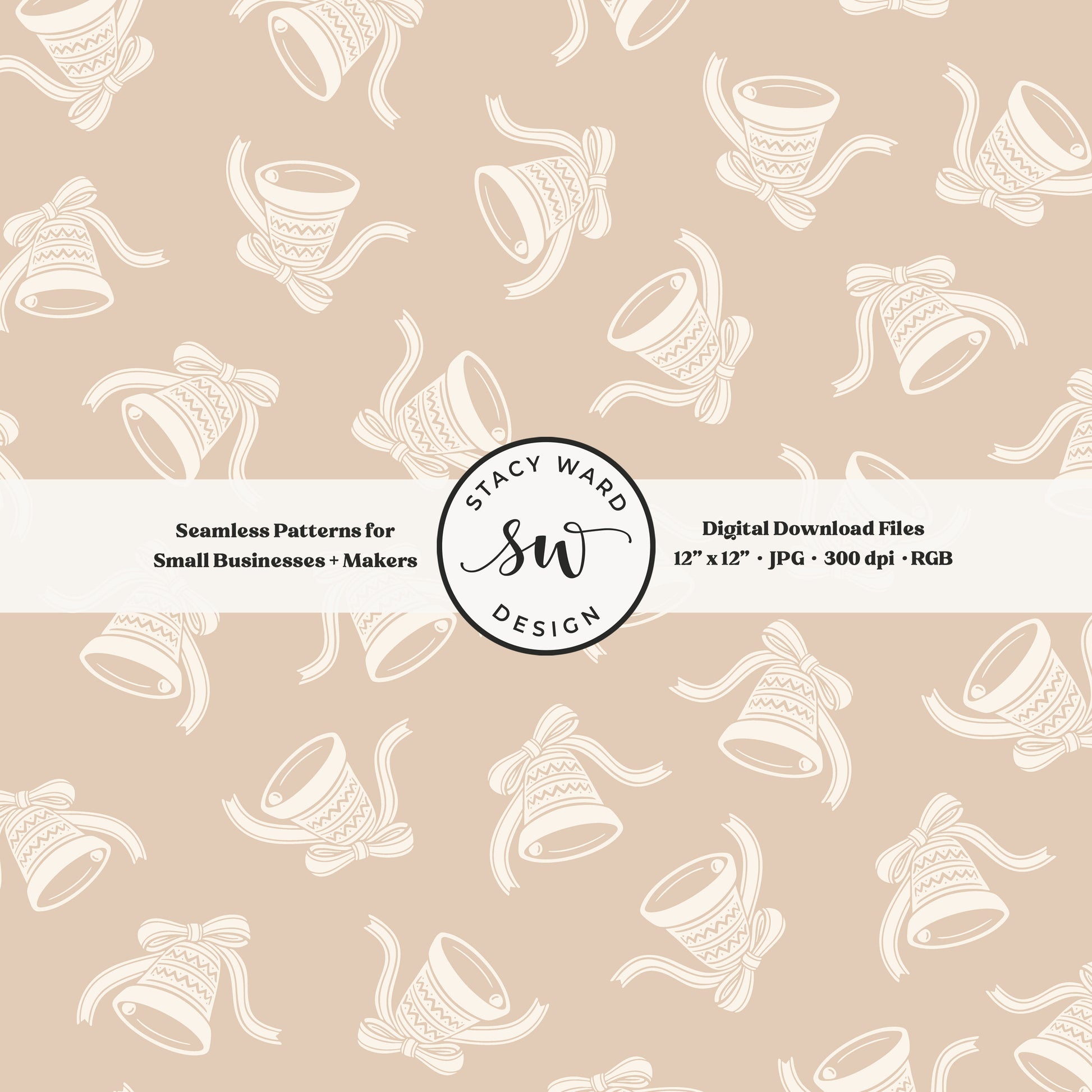 Scandi inspired jingle bells seamless pattern in cream on neutral tan with coquette bows and ribbons