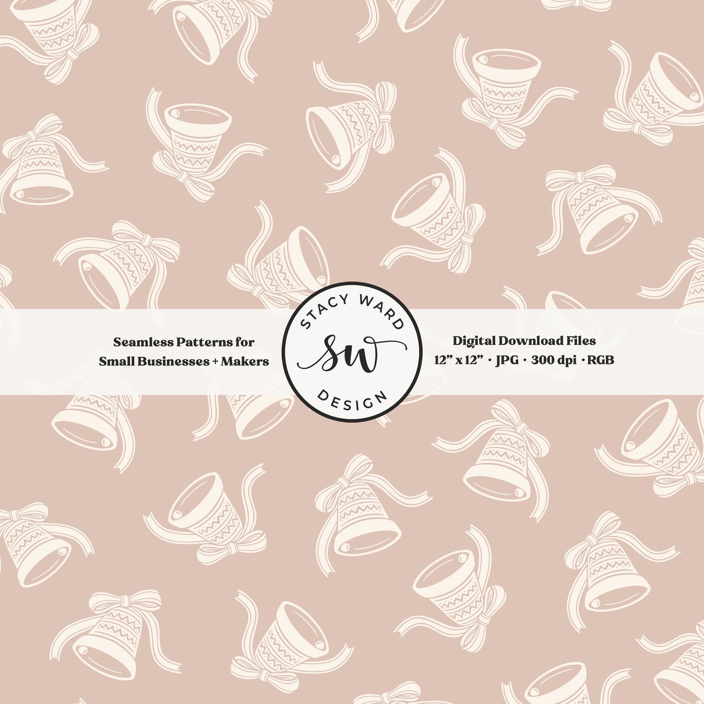 Scandi inspired jingle bells seamless pattern in cream on muted dusty rose with coquette bows and ribbons