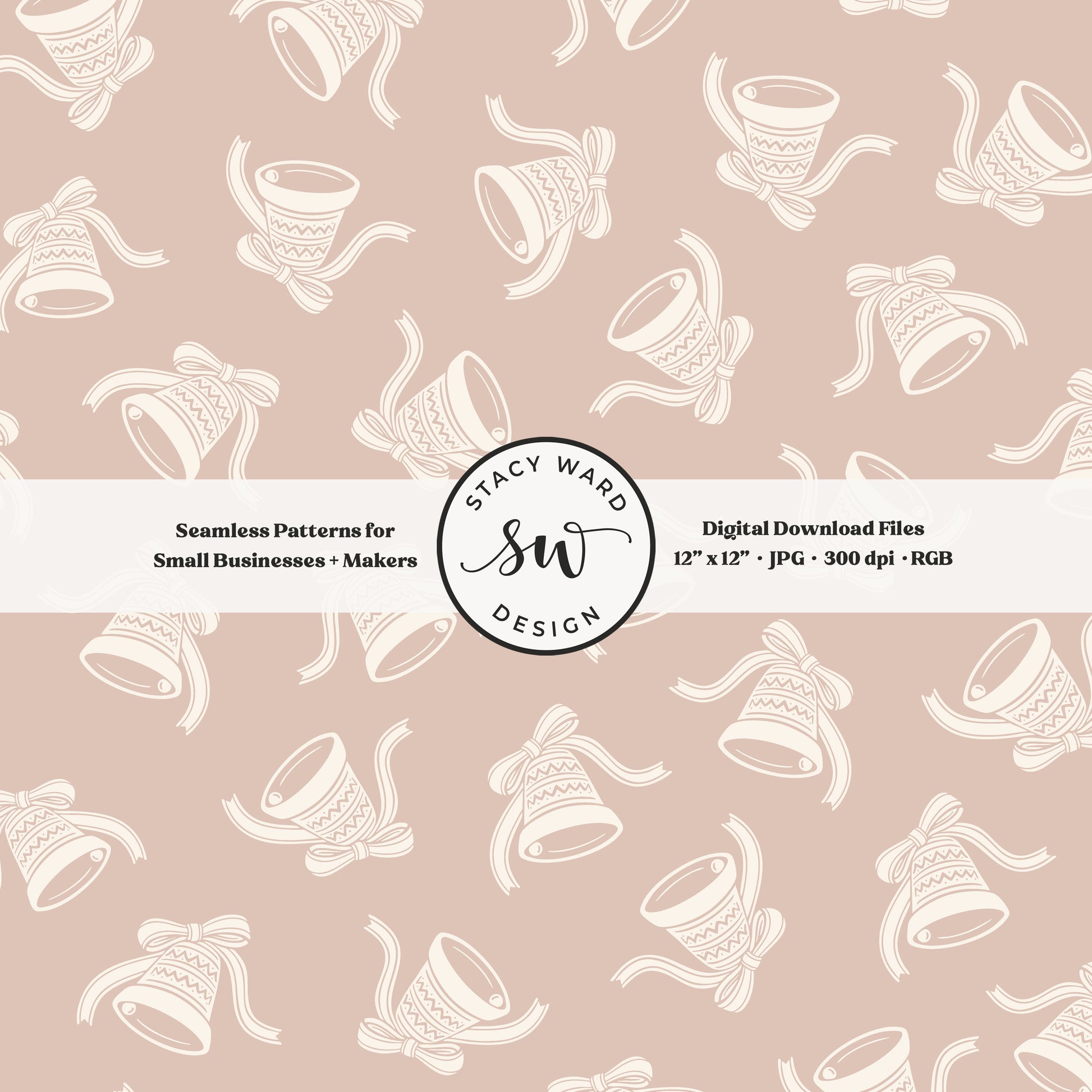 Scandi inspired jingle bells seamless pattern in cream on muted dusty rose with coquette bows and ribbons