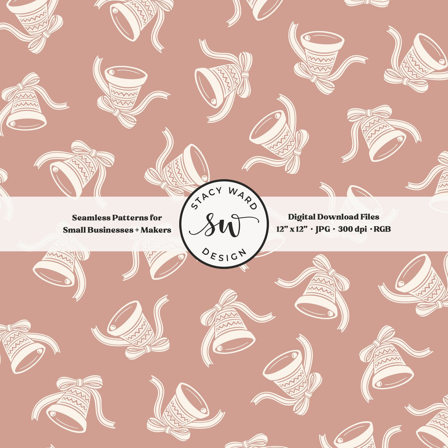 Scandi inspired jingle bells seamless pattern in cream on dusky pink with coquette bows and ribbons
