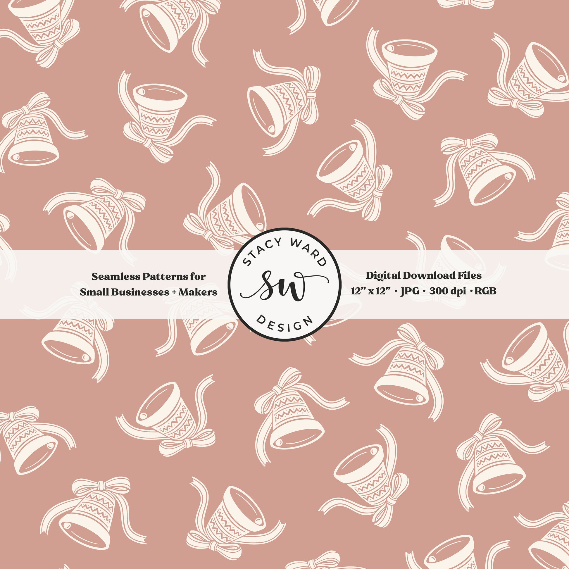 Scandi inspired jingle bells seamless pattern in cream on dusky pink with coquette bows and ribbons