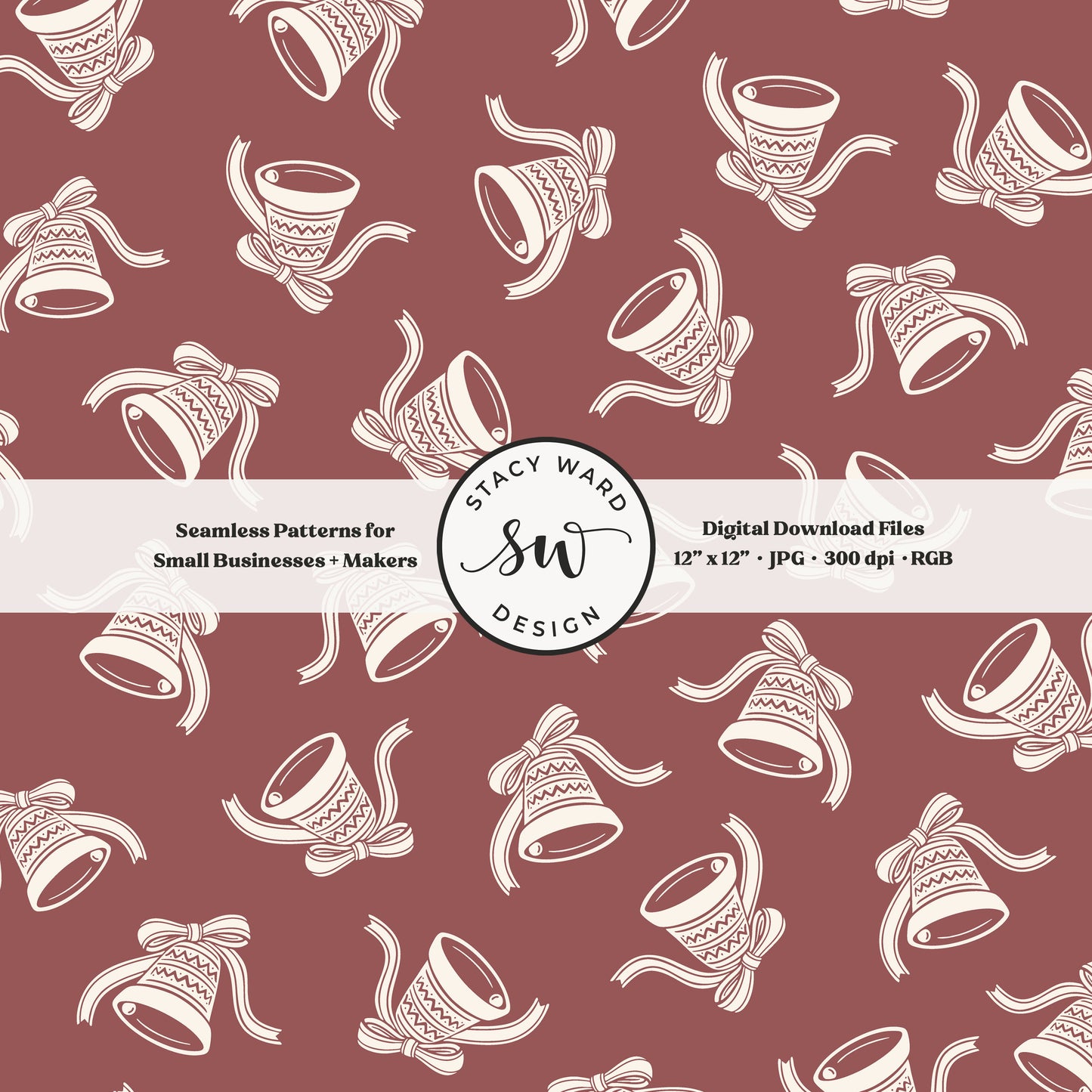 Scandi inspired jingle bells seamless pattern in cream on burgundy with coquette bows and ribbons
