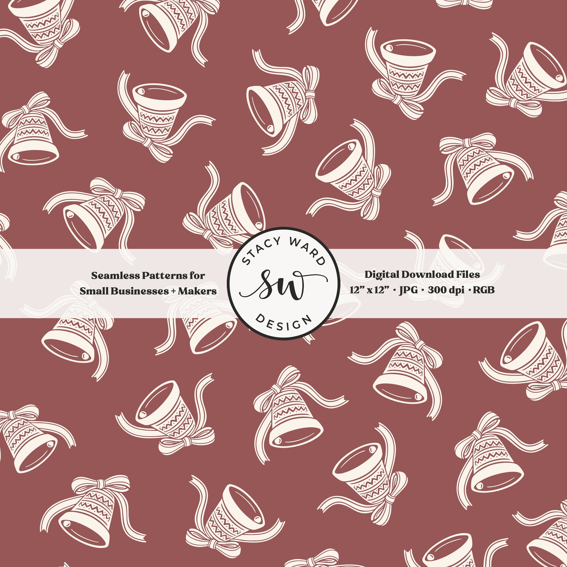 Scandi inspired jingle bells seamless pattern in cream on burgundy with coquette bows and ribbons