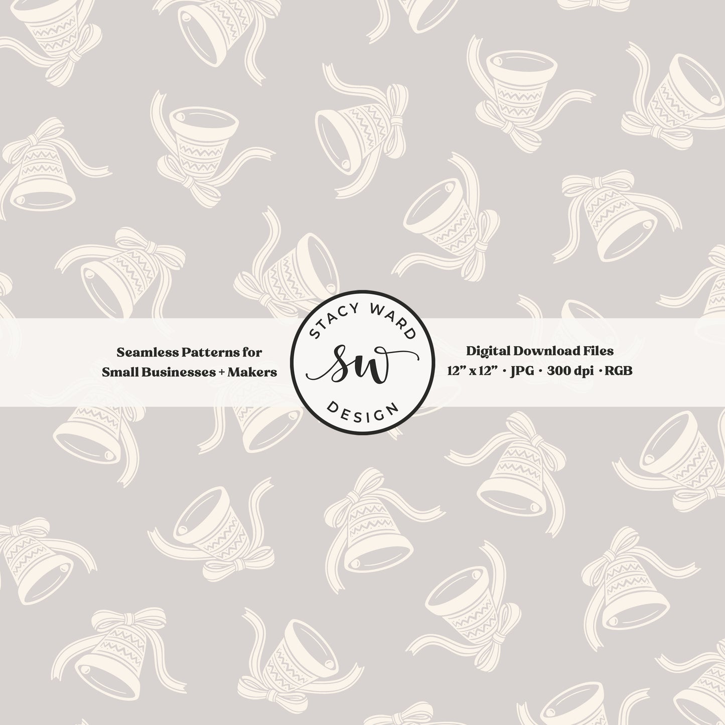Scandi inspired jingle bells seamless pattern in cream on pale greige with coquette bows and ribbons
