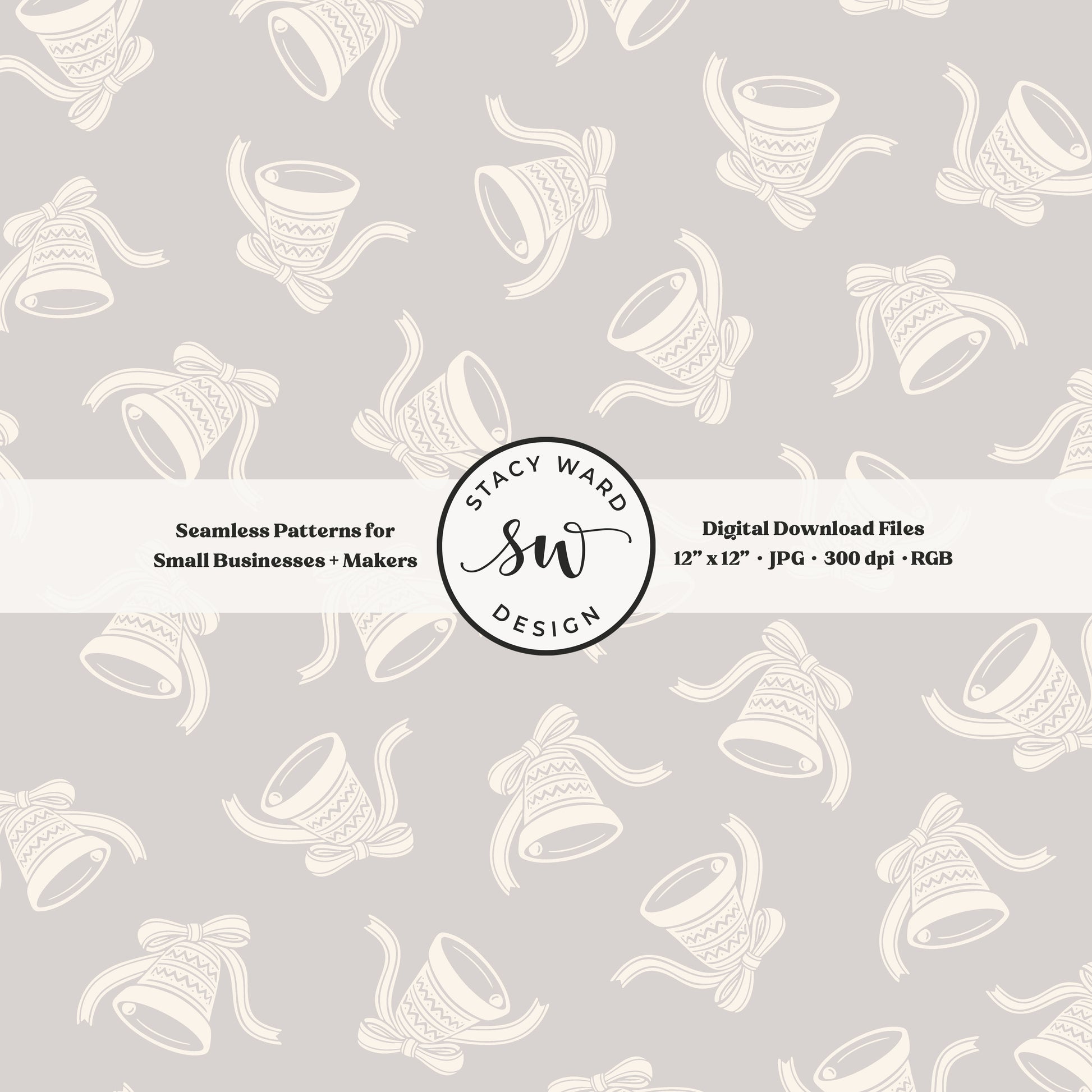 Scandi inspired jingle bells seamless pattern in cream on pale greige with coquette bows and ribbons