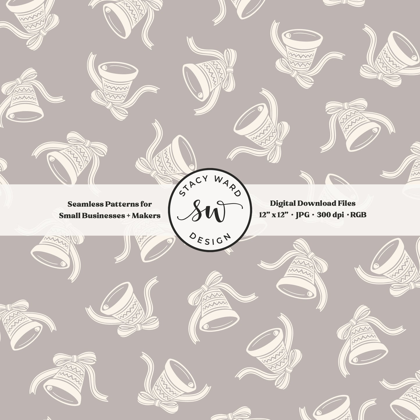 Scandi inspired jingle bells seamless pattern in cream on grayish brown with coquette bows and ribbons