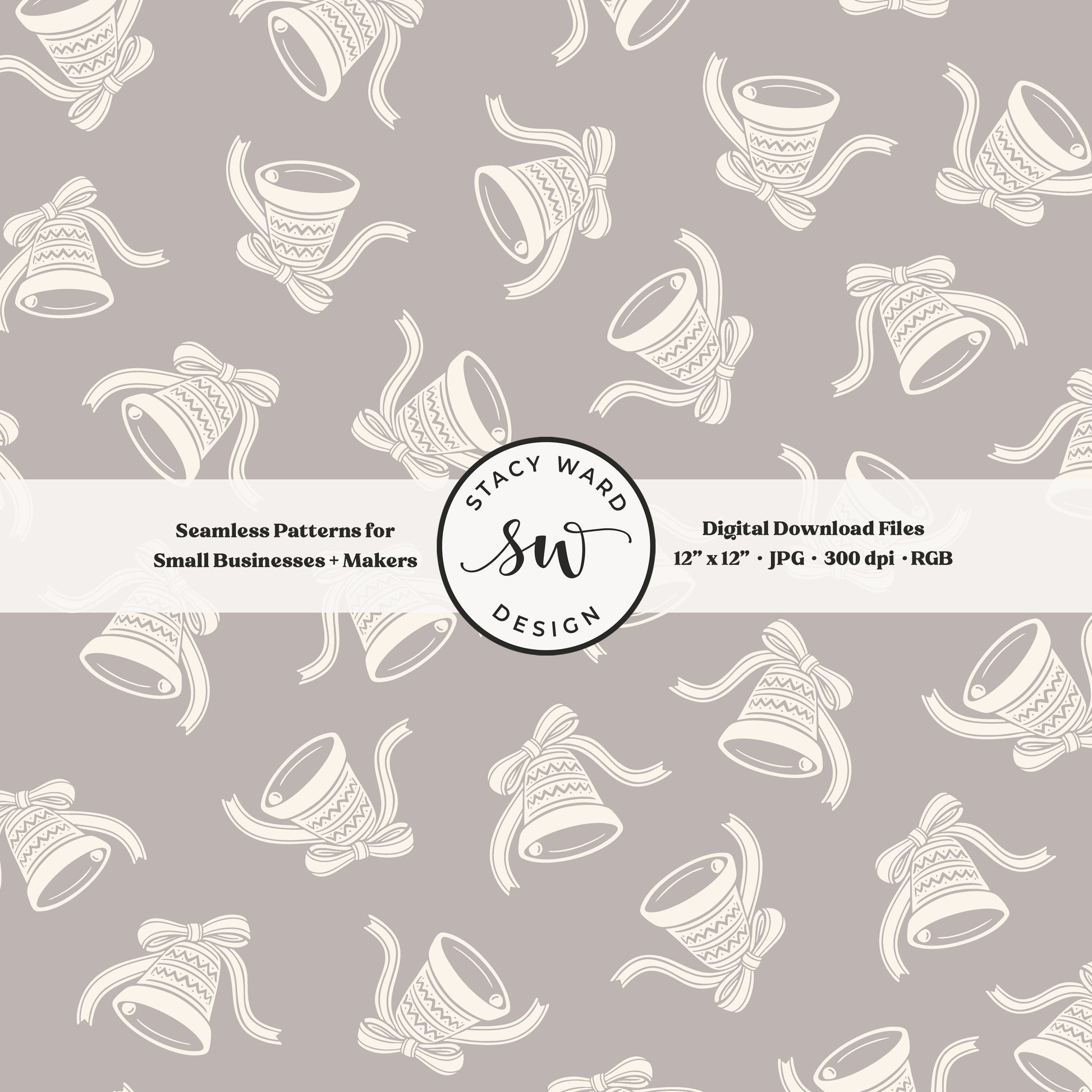 Scandi inspired jingle bells seamless pattern in cream on grayish brown with coquette bows and ribbons