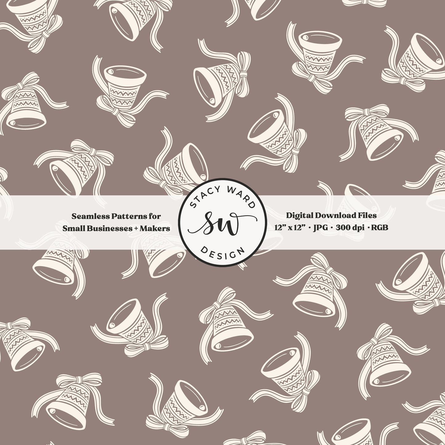 Scandi inspired jingle bells seamless pattern in cream on taupe beige with coquette bows and ribbons