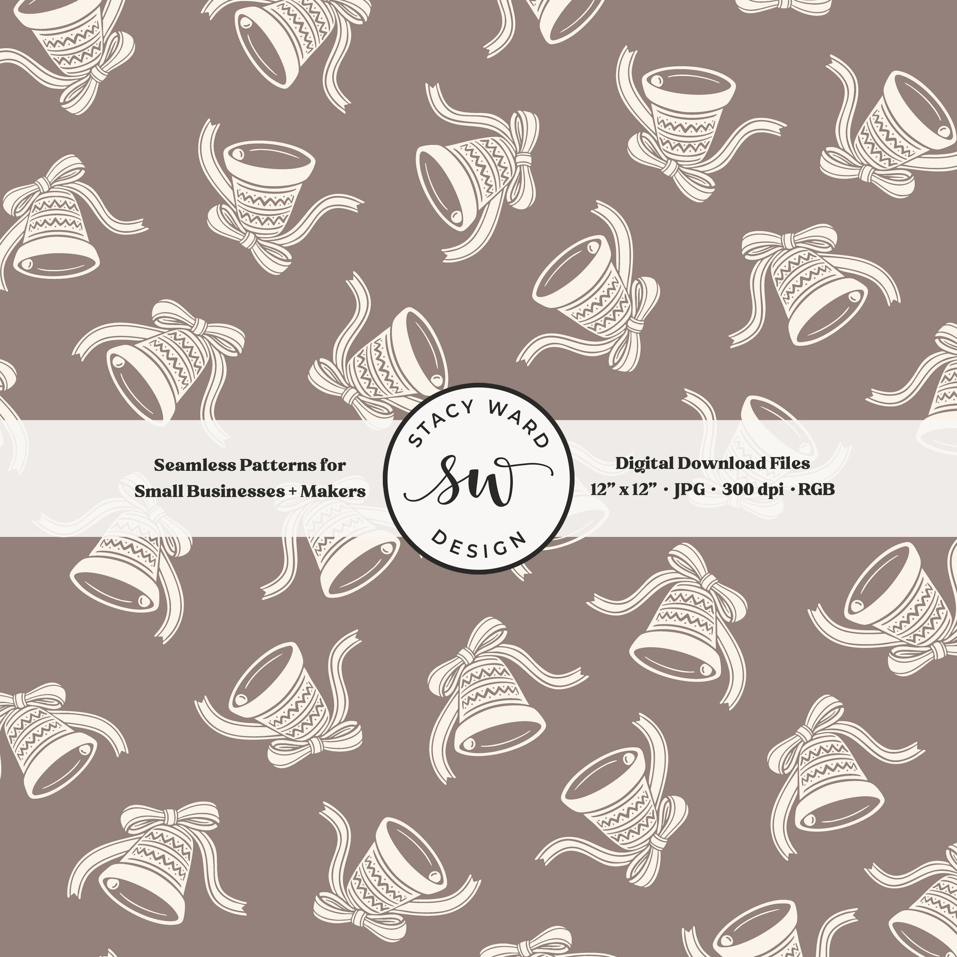 Scandi inspired jingle bells seamless pattern in cream on taupe beige with coquette bows and ribbons