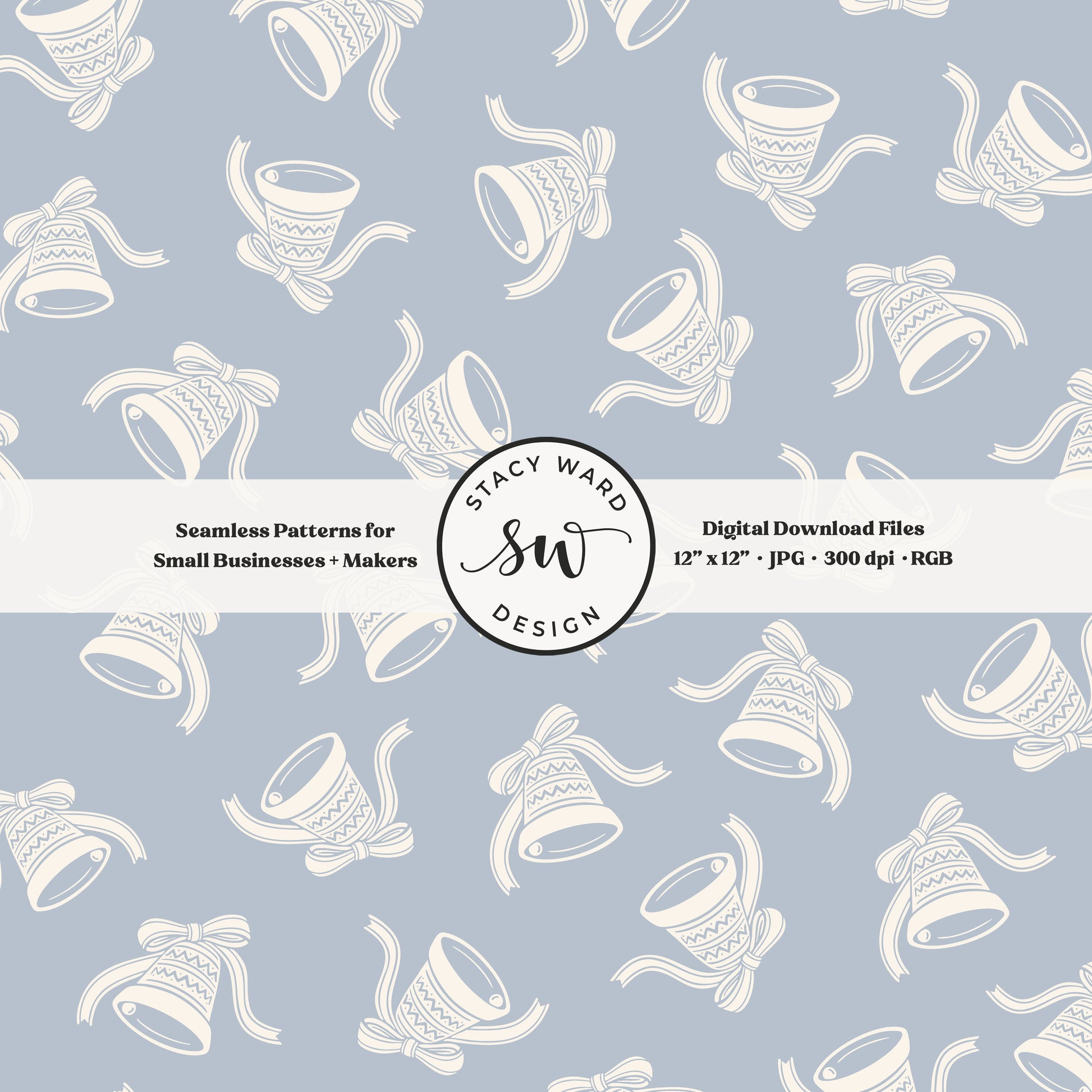 Scandi inspired jingle bells seamless pattern in cream on coastal blue with coquette bows and ribbons