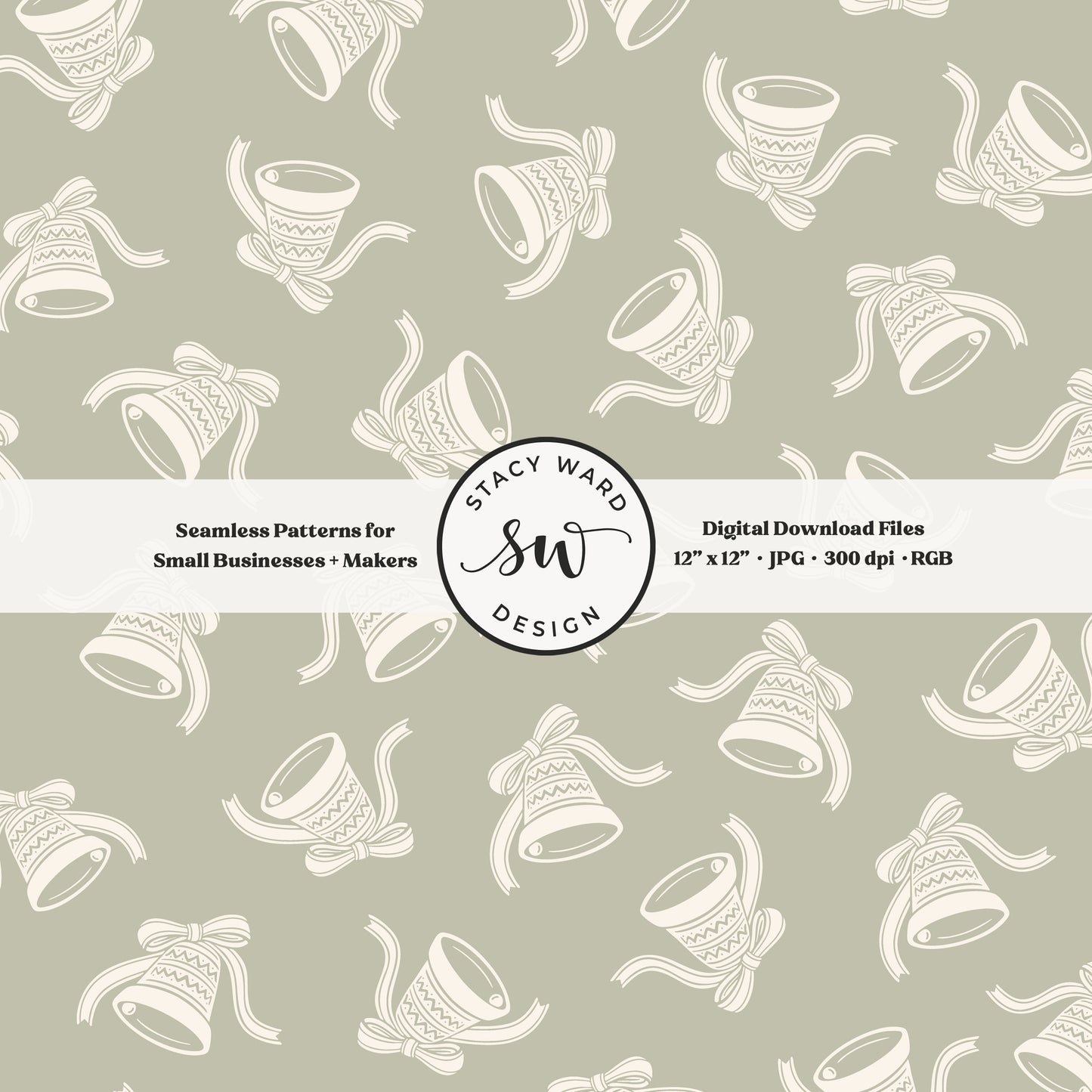 Scandi inspired jingle bells seamless pattern in cream on dusty sage with coquette bows and ribbons