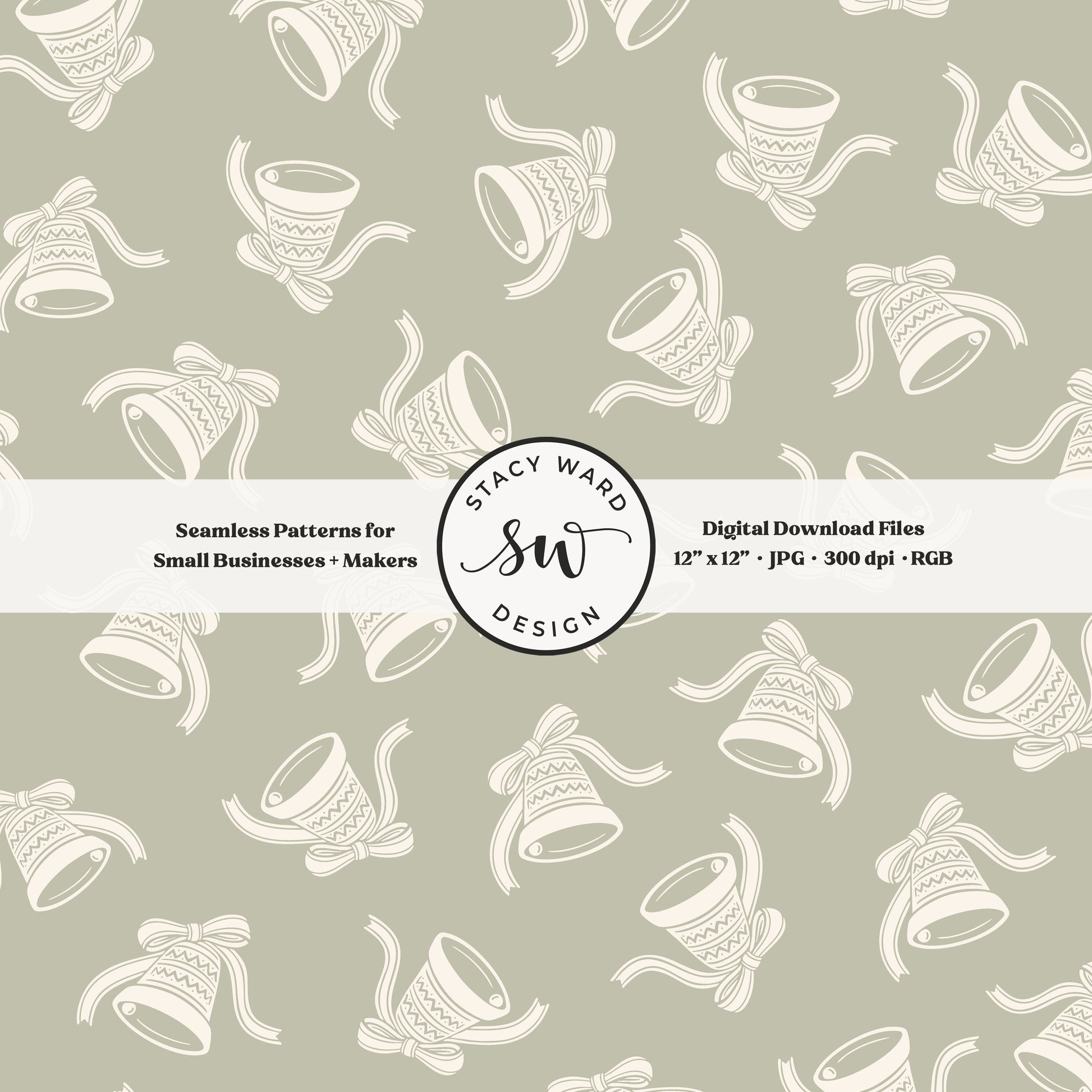 Scandi inspired jingle bells seamless pattern in cream on dusty sage with coquette bows and ribbons