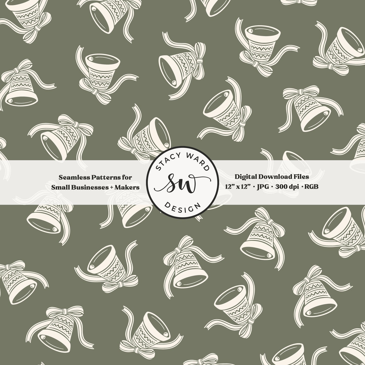 Scandi inspired jingle bells seamless pattern in cream on camouflage green with coquette bows and ribbons