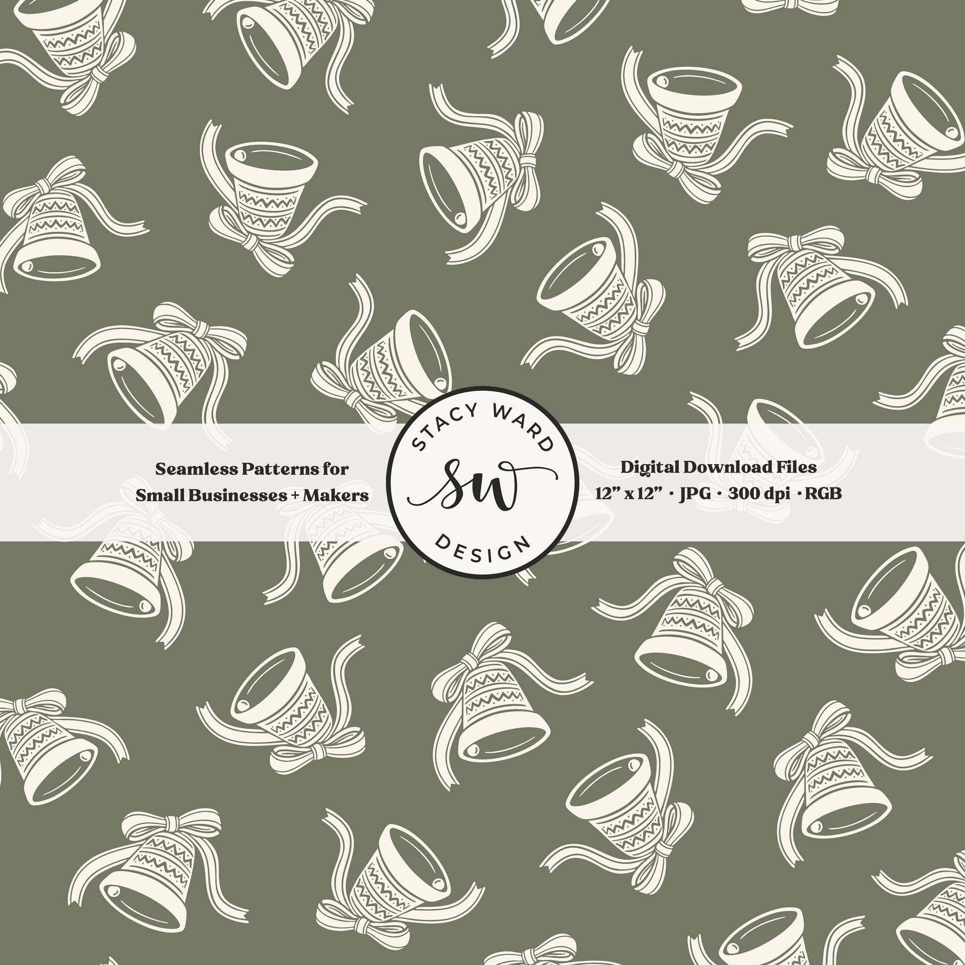Scandi inspired jingle bells seamless pattern in cream on camouflage green with coquette bows and ribbons