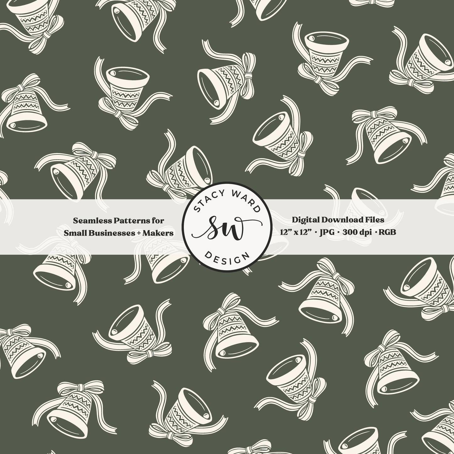 Scandi inspired jingle bells seamless pattern in cream on dark green with coquette bows and ribbons