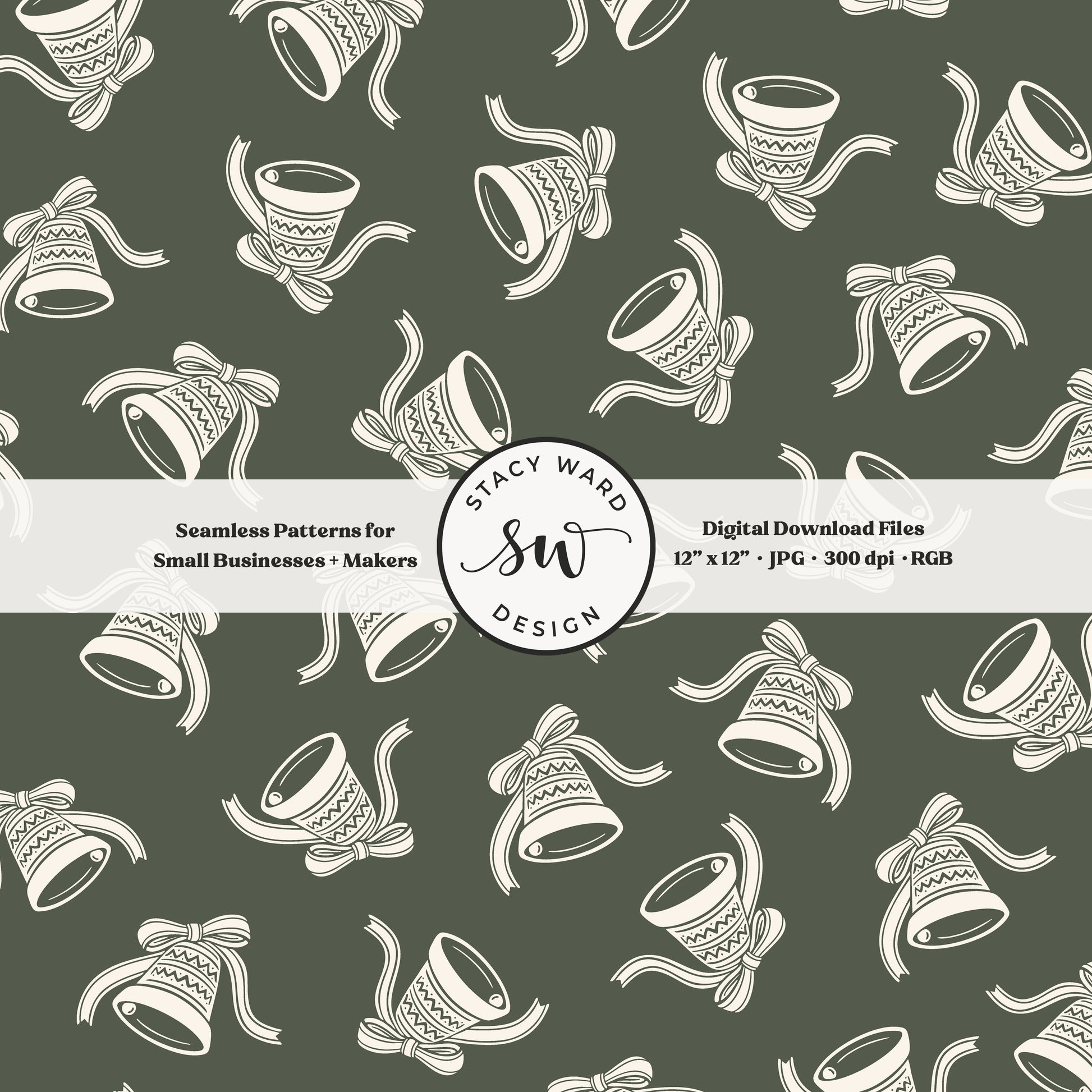 Scandi inspired jingle bells seamless pattern in cream on dark green with coquette bows and ribbons