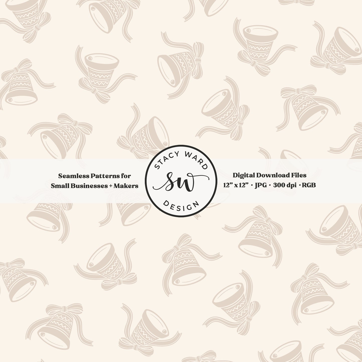 Nordic inspired jingle bells seamless pattern in neutral tan on cream with coquette ribbons and bows