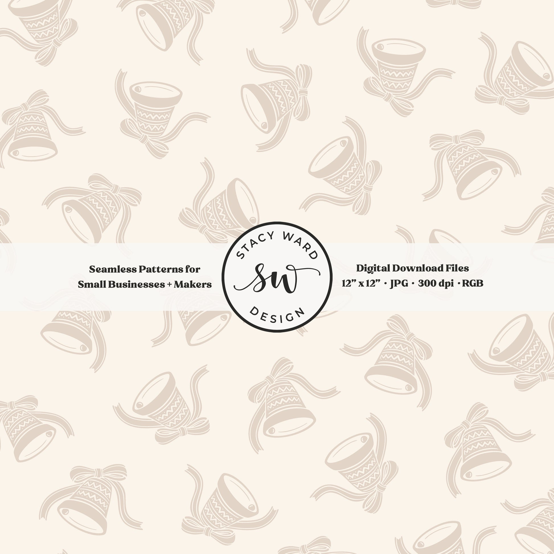 Nordic inspired jingle bells seamless pattern in neutral tan on cream with coquette ribbons and bows