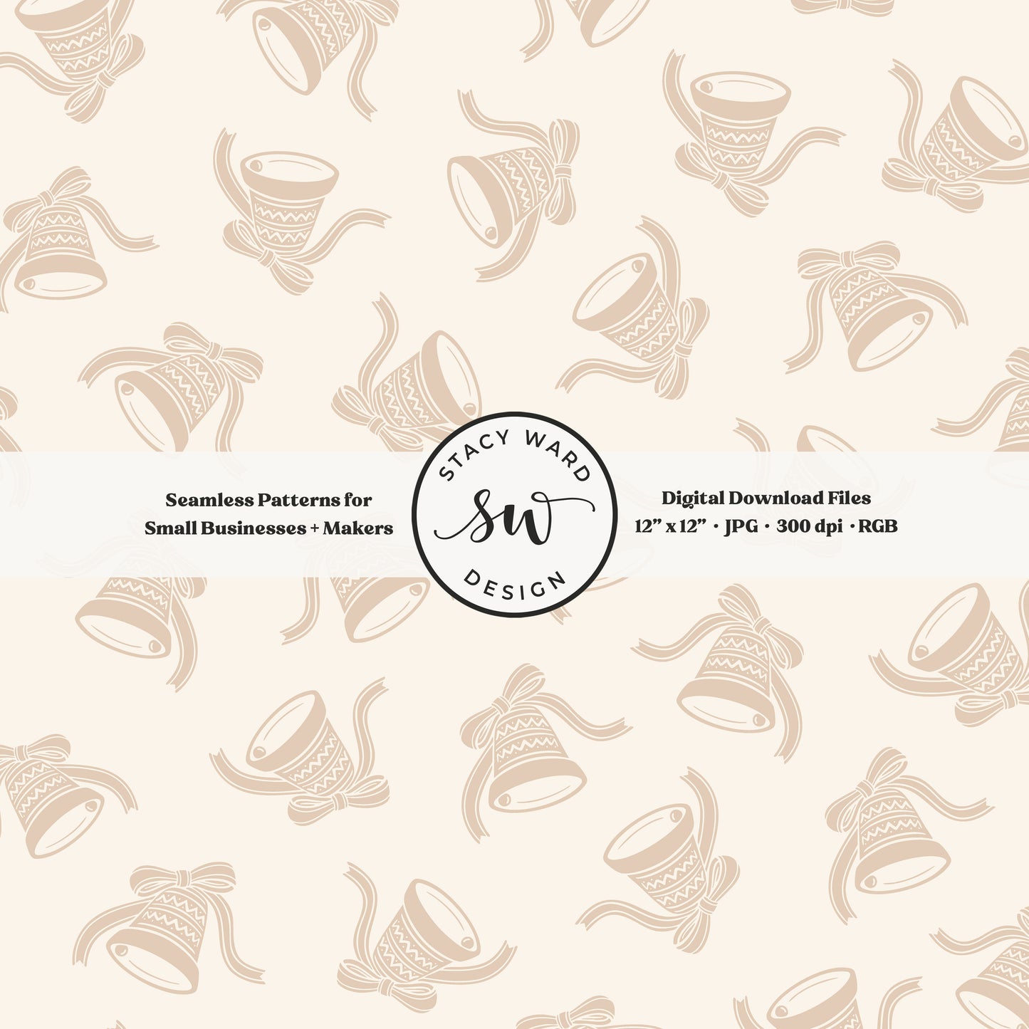 Nordic inspired jingle bells seamless pattern in warm beige on cream with coquette ribbons and bows
