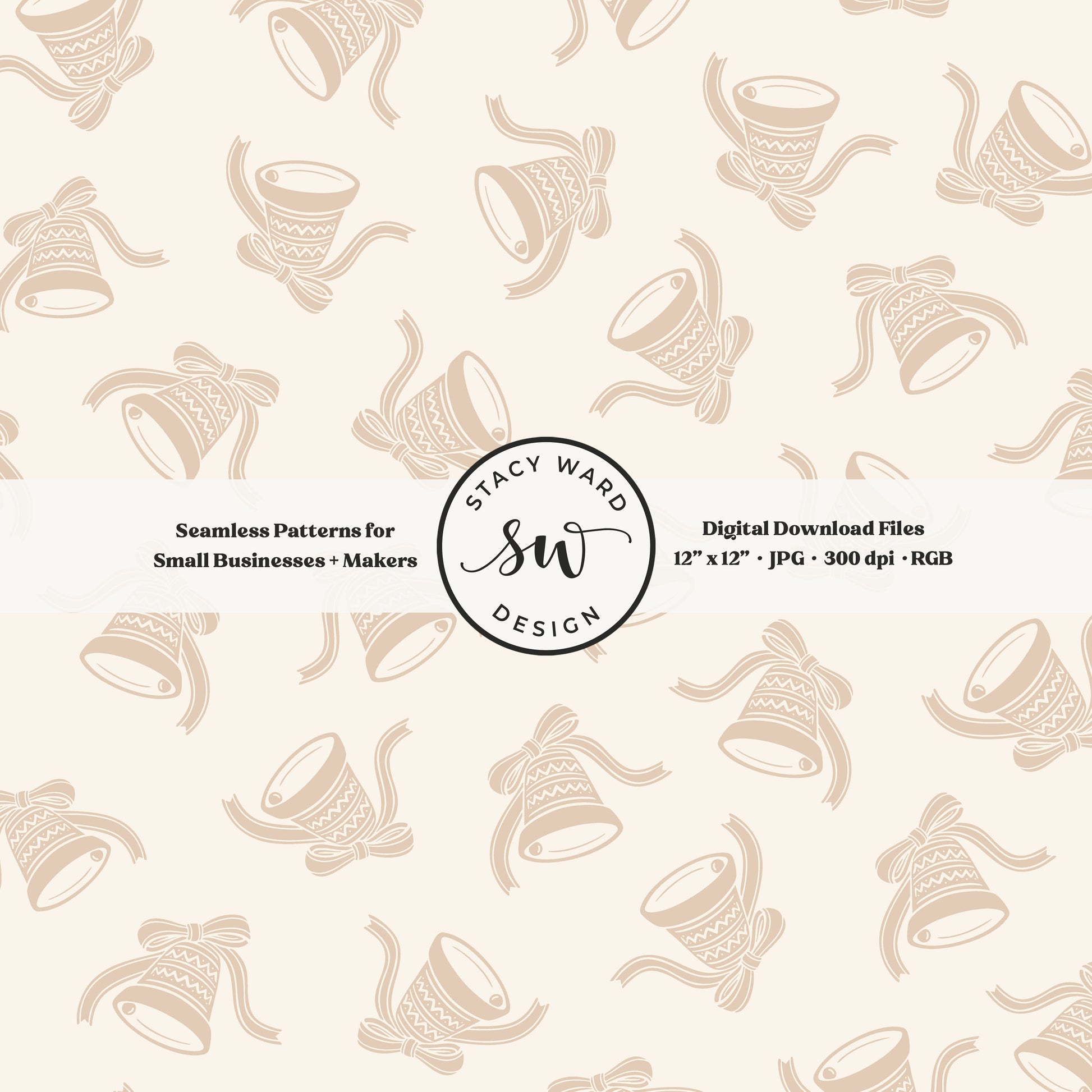 Nordic inspired jingle bells seamless pattern in warm beige on cream with coquette ribbons and bows